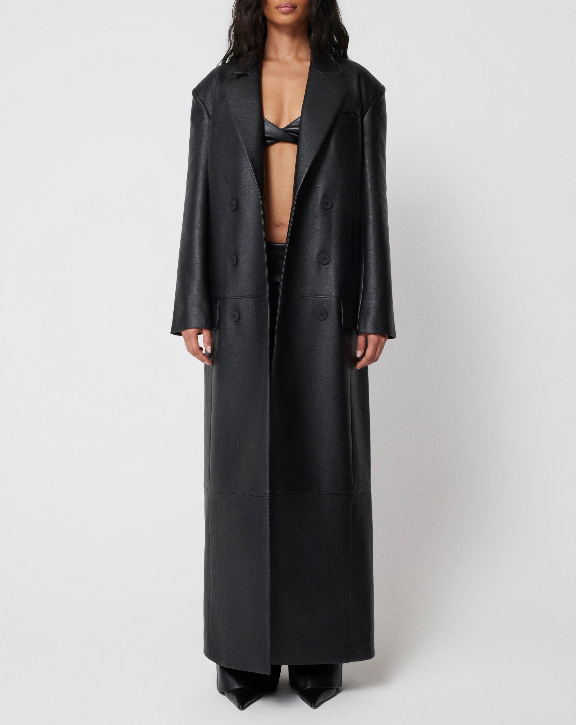Black Faux Leather Double-Breasted Trench Coat