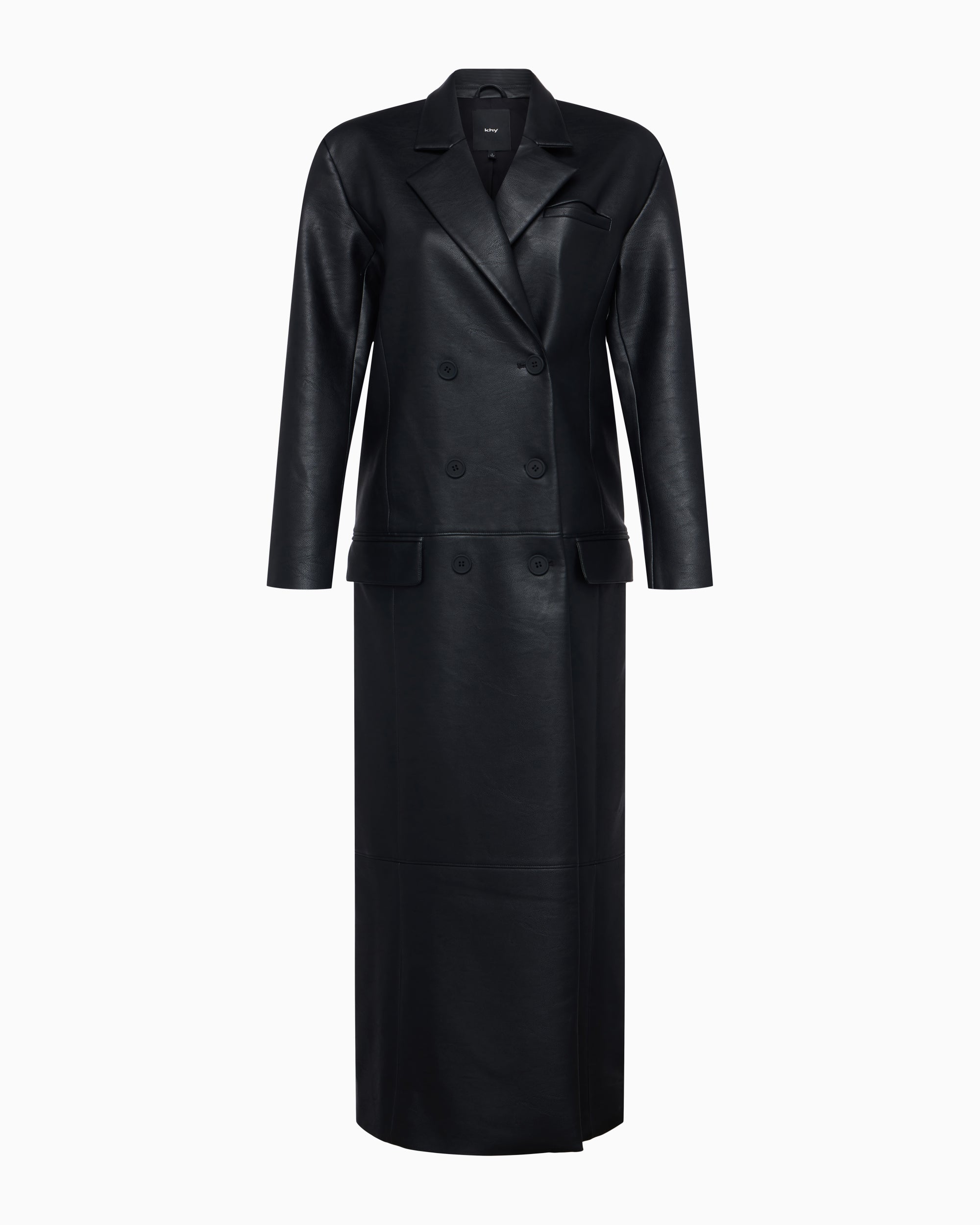 Black Faux Leather Double-Breasted Trench Coat
