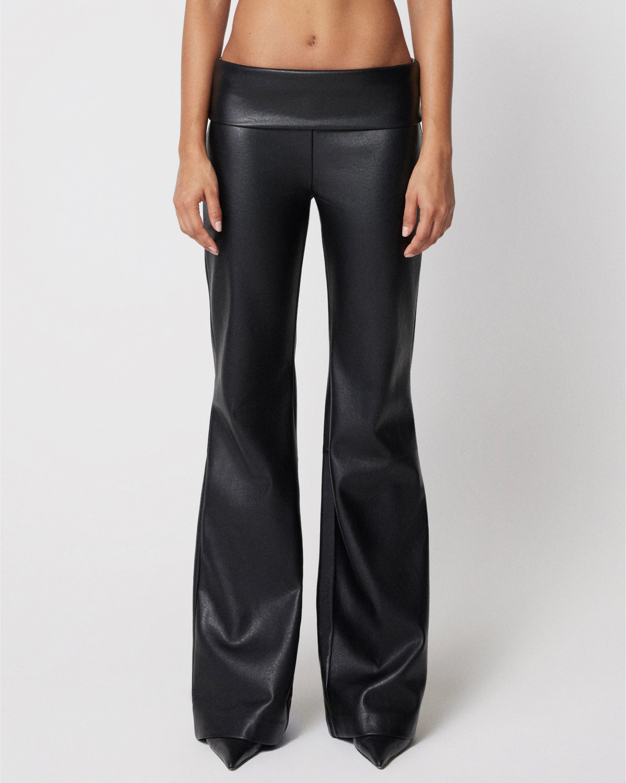 Black Faux Leather Foldover Low-Rise Pants
