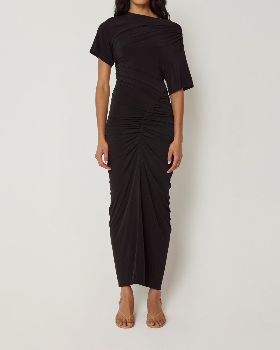Black Ruched Asymmetrical Dress for Evening Wear