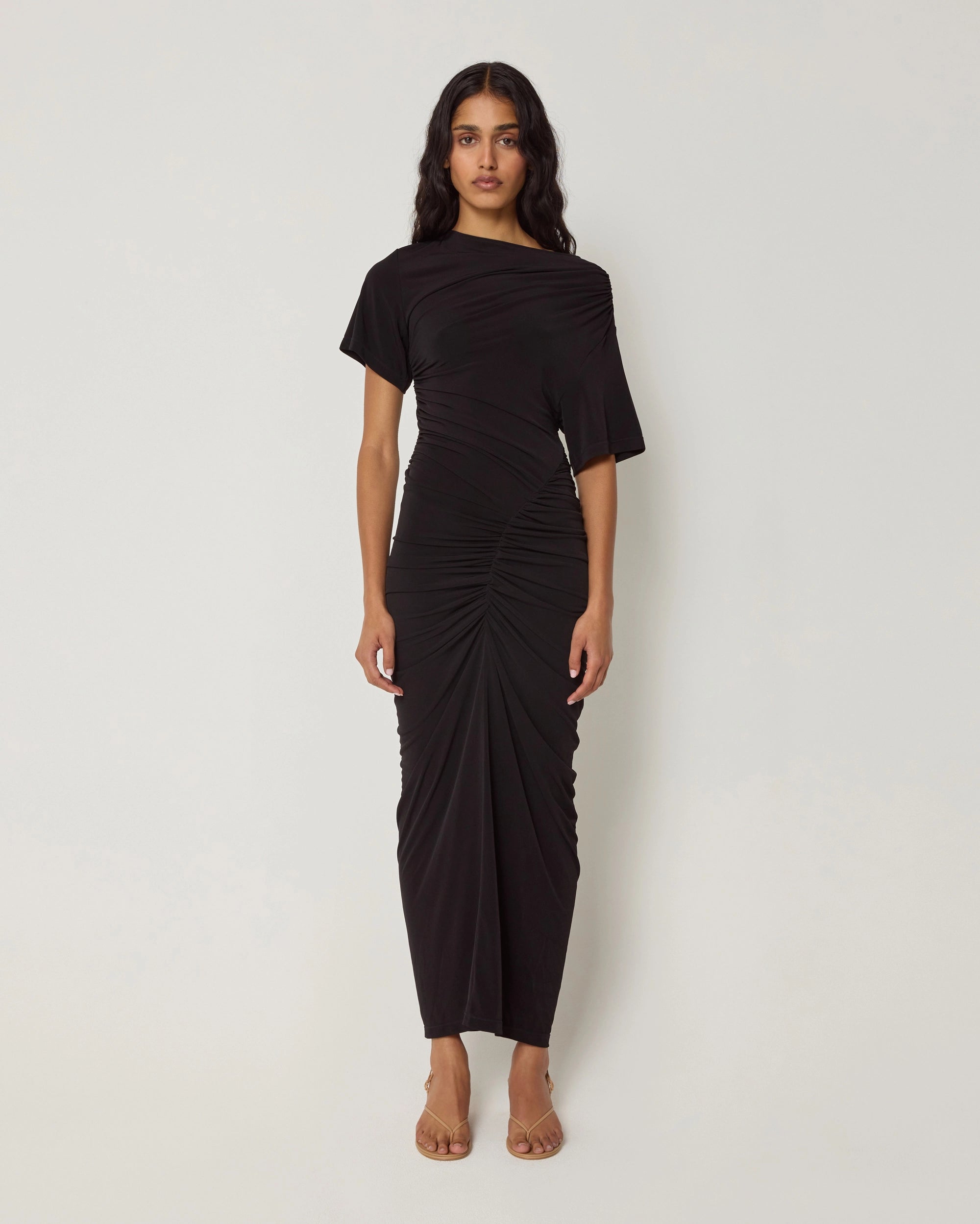 Black Ruched Asymmetrical Dress for Evening Wear
