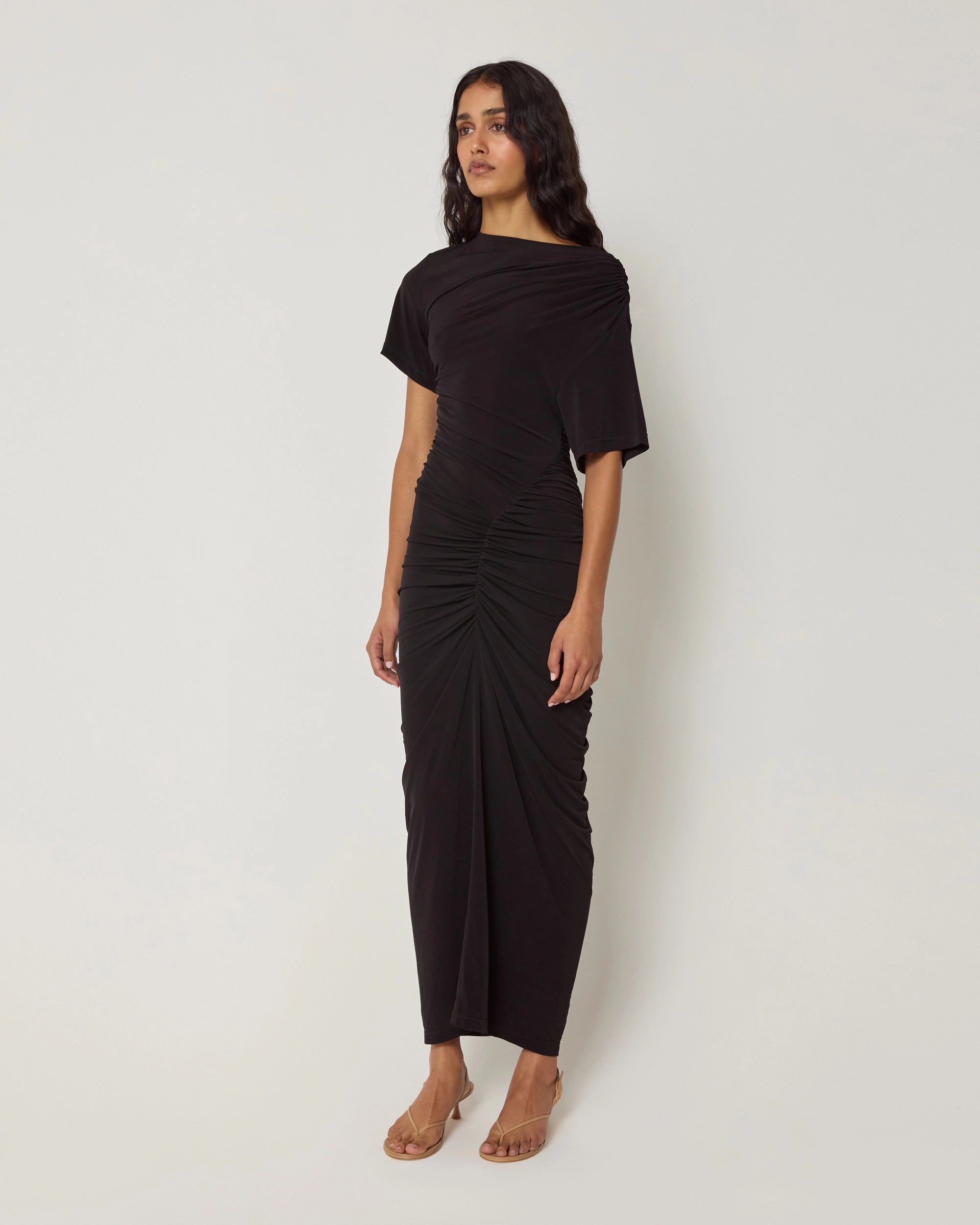 Black Ruched Asymmetrical Dress for Evening Wear