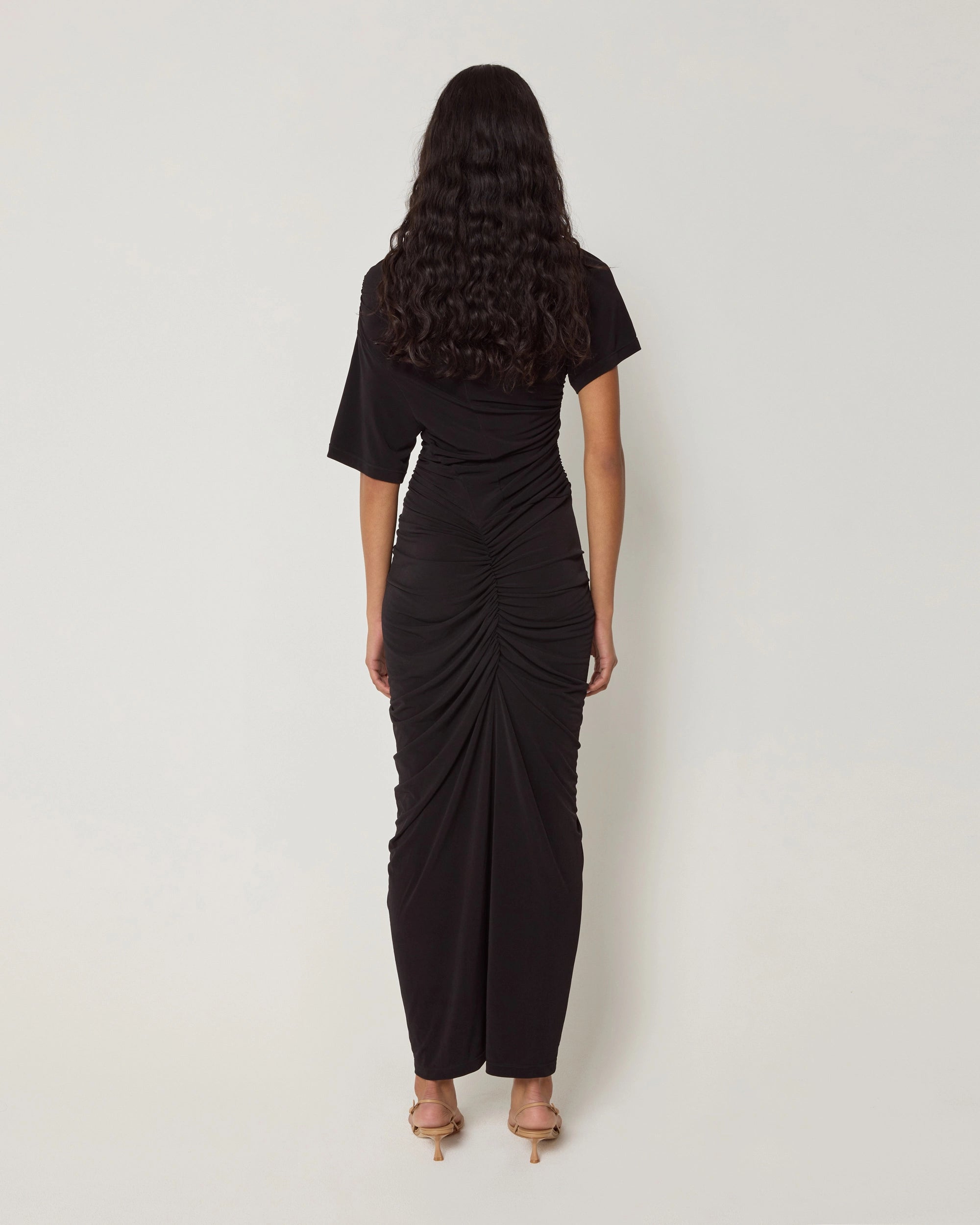 Black Ruched Asymmetrical Dress for Evening Wear