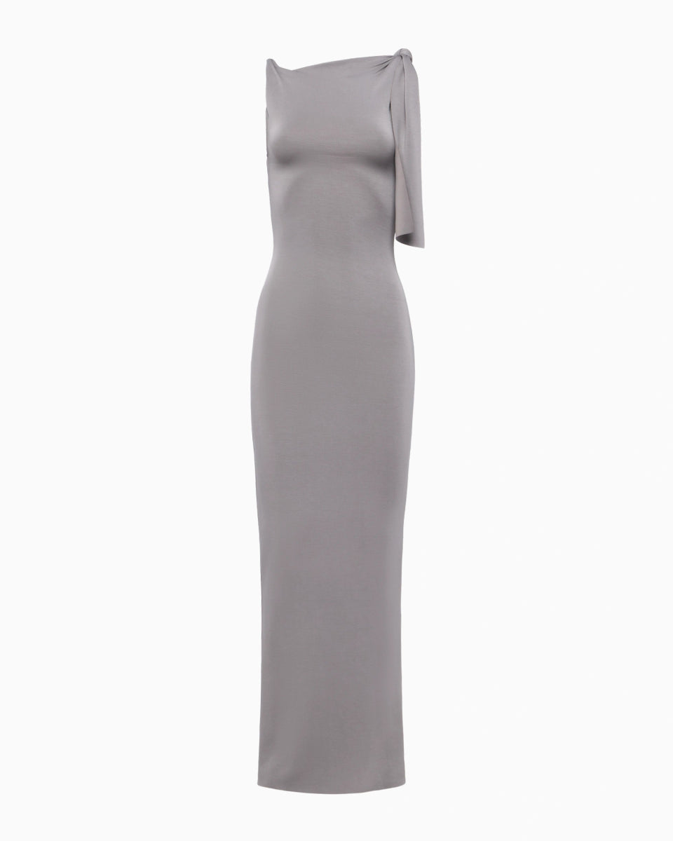 Steel Grey Knotted Maxi Dress – Stretchy Suede Fabric