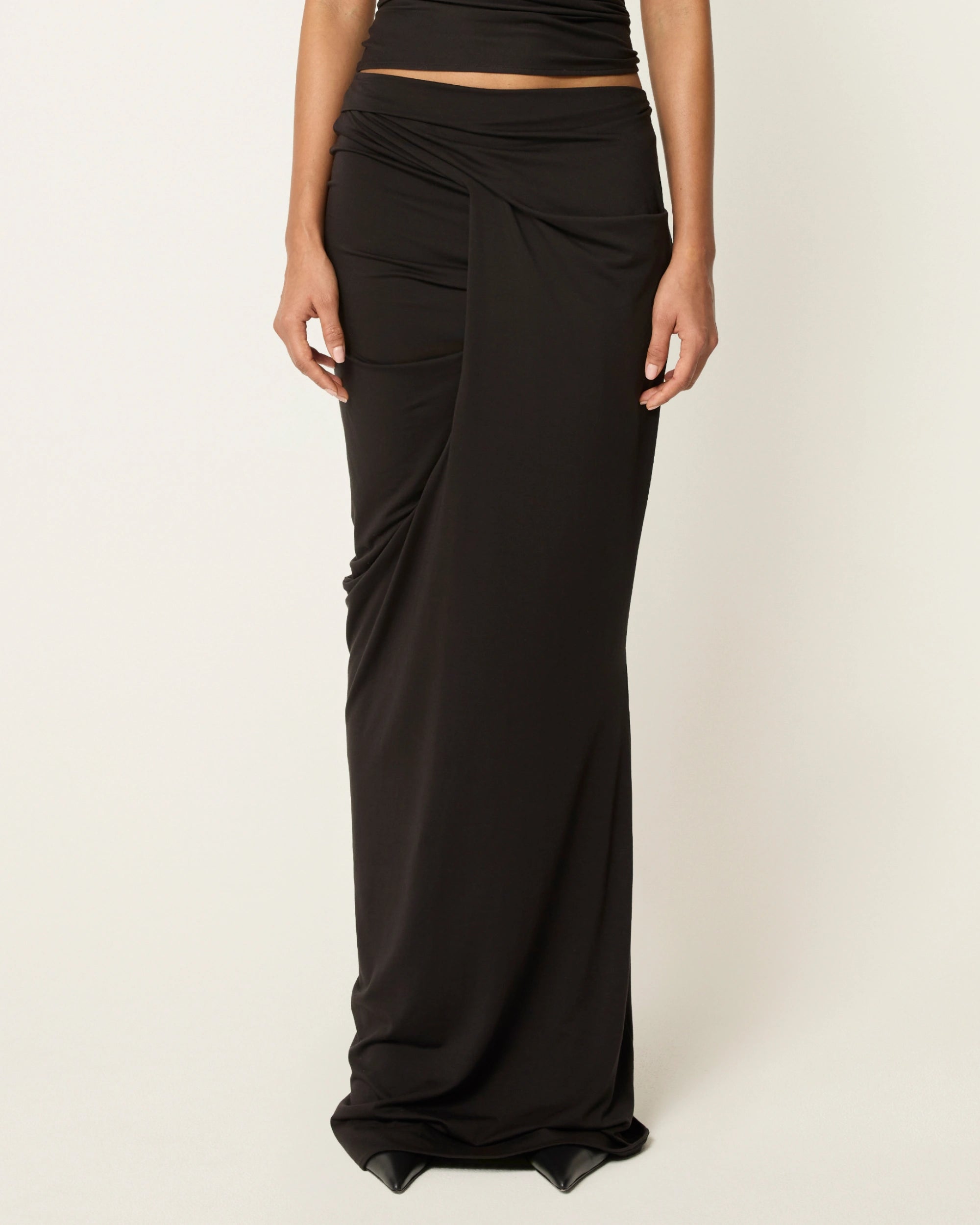 Black Draped Maxi Skirt for Women