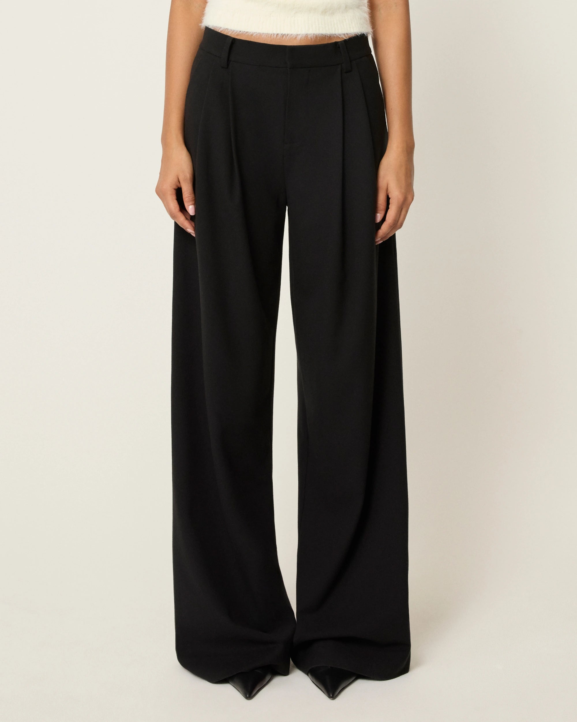 Black Wide Leg Pleated Pants for Women