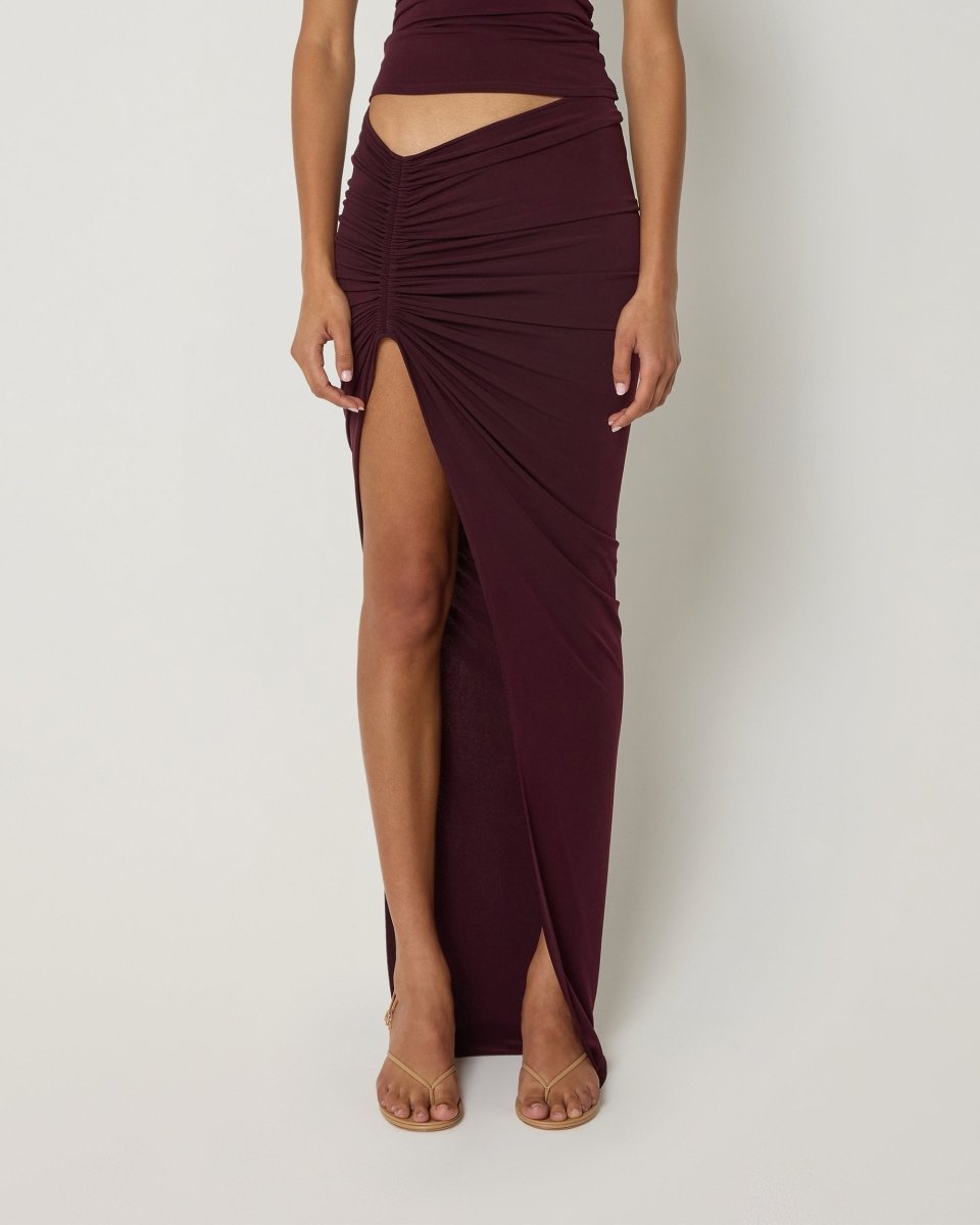 Black Cherry Ruched Maxi Skirt – Elegant & Flowy