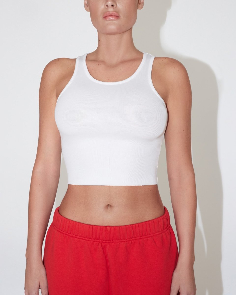 White Cropped Ribbed Tank Top with Raw Hem