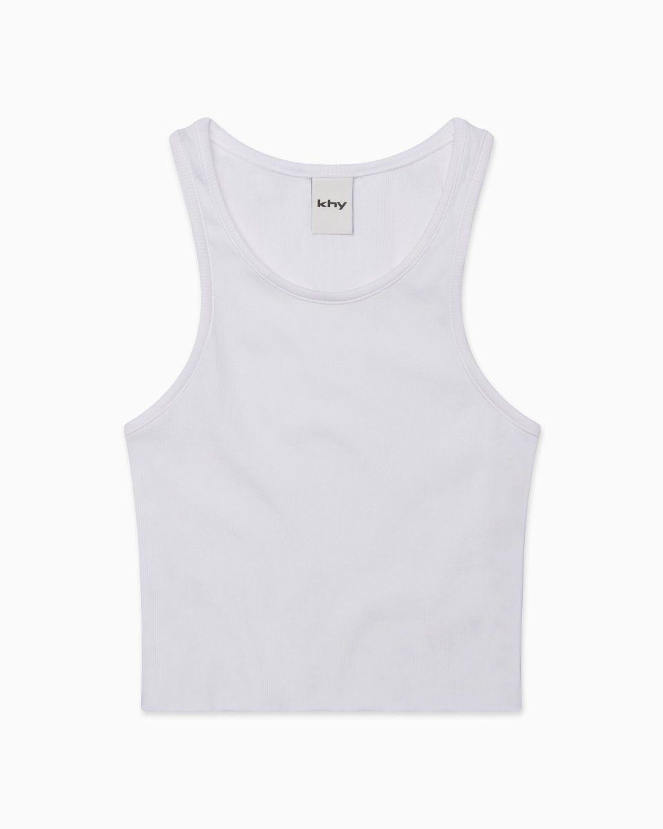 White Cropped Ribbed Tank Top with Raw Hem