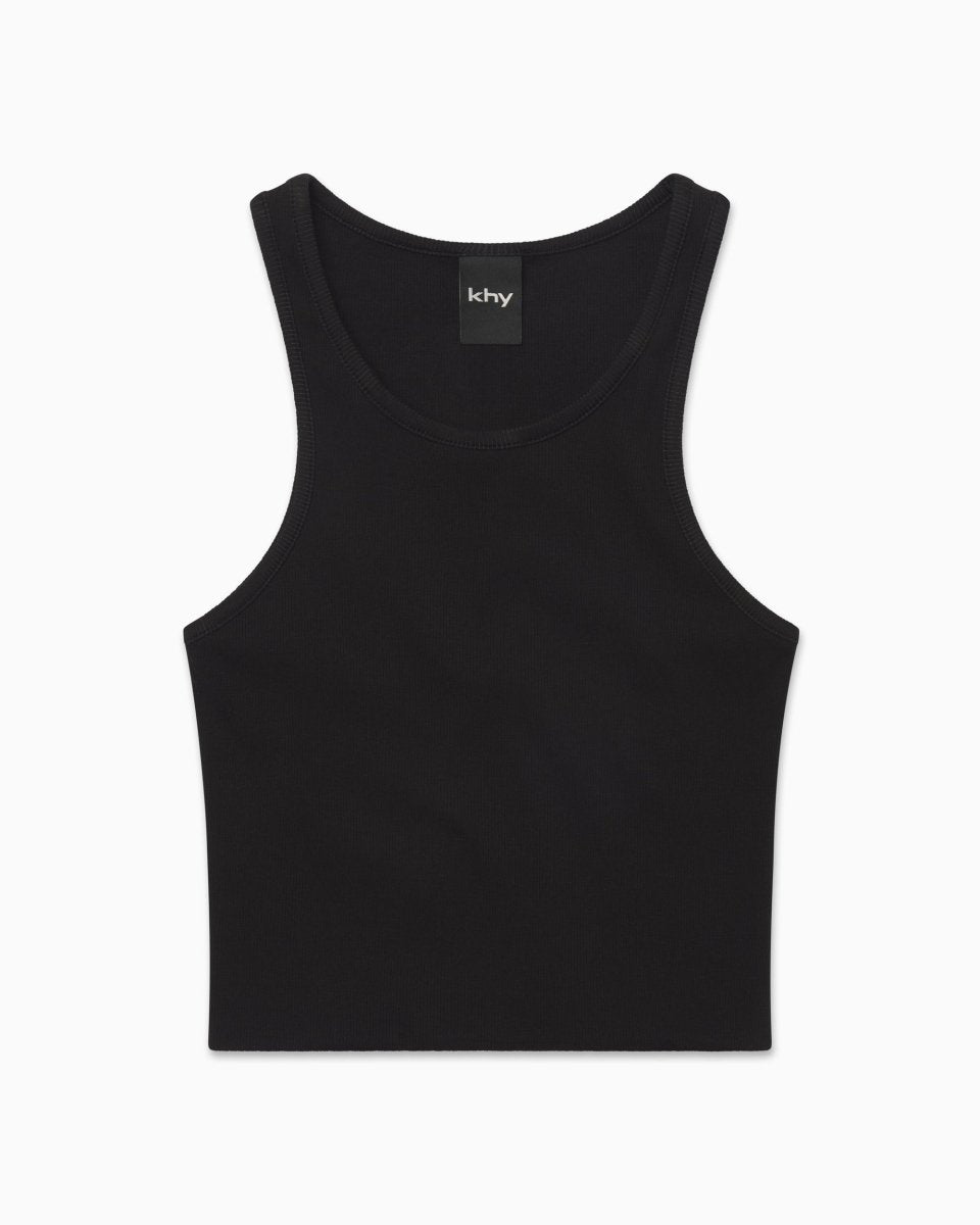 Black Ribbed Cropped Tank with Raw Hem