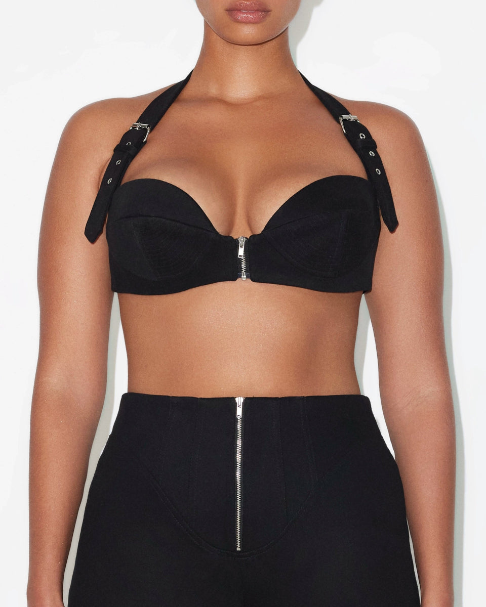 Black Denim Bralette with Zipper Detail
