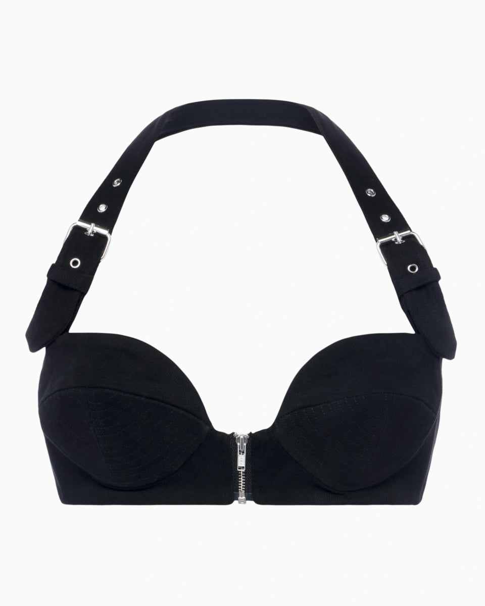 Black Denim Bralette with Zipper Detail