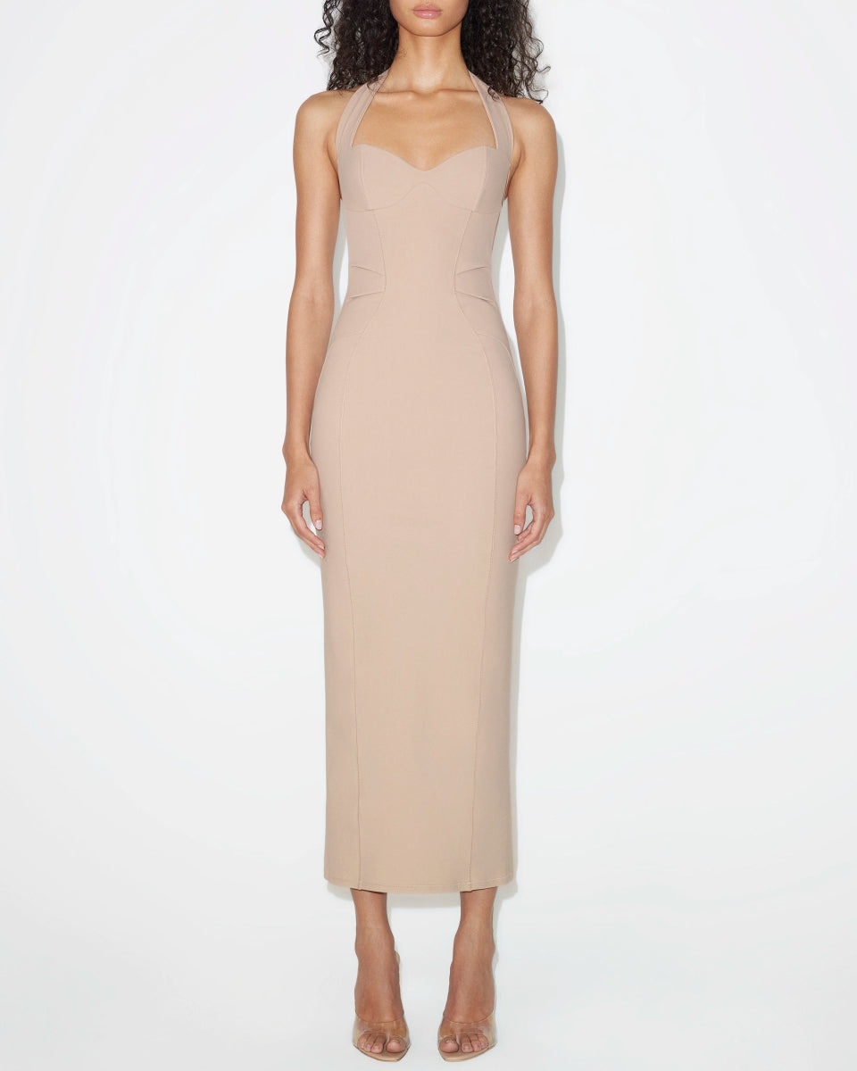 Beige Halter Neck Fitted Dress