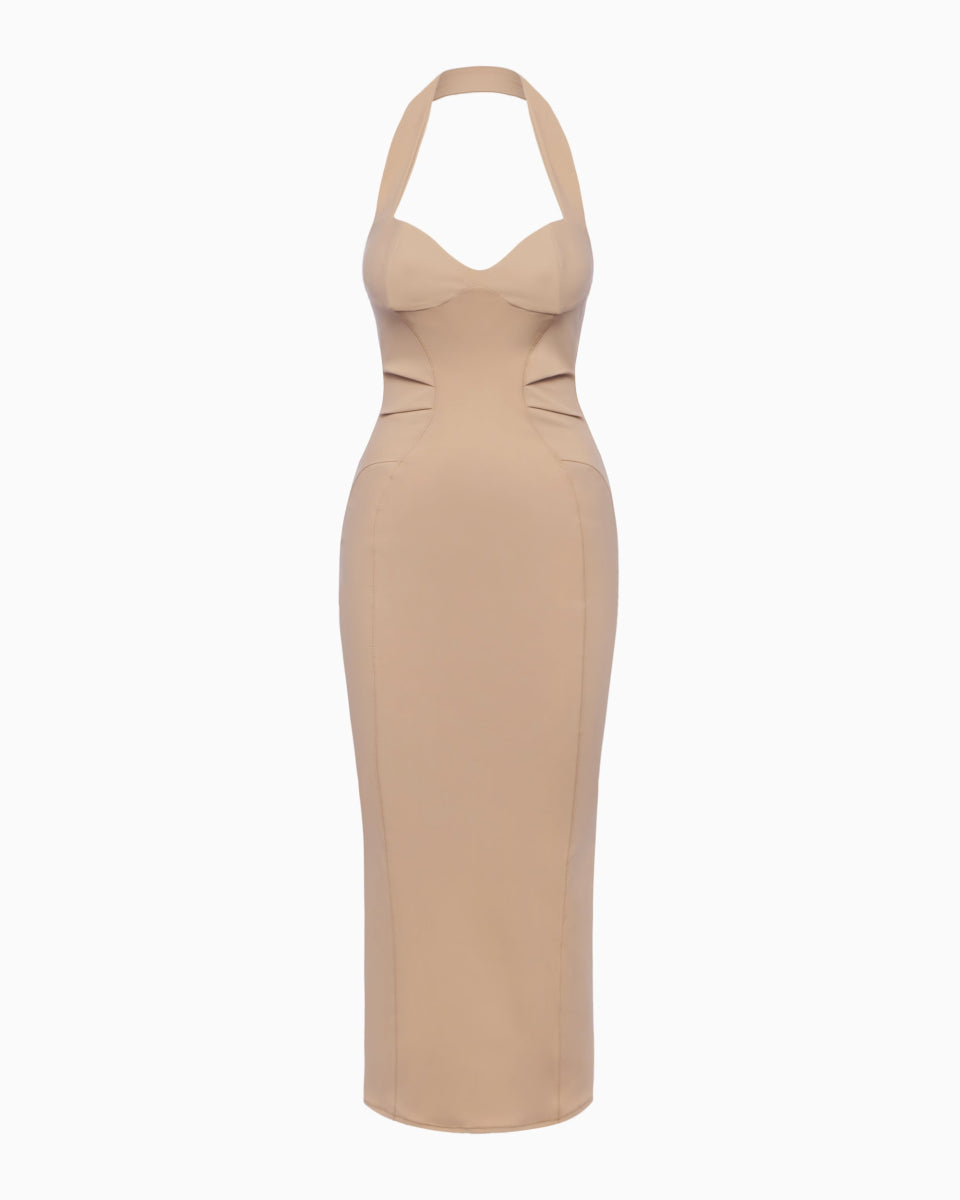 Beige Halter Neck Fitted Dress