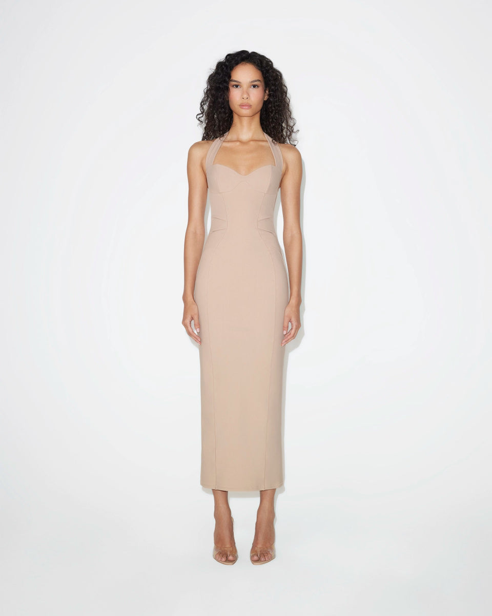 Beige Halter Neck Fitted Dress
