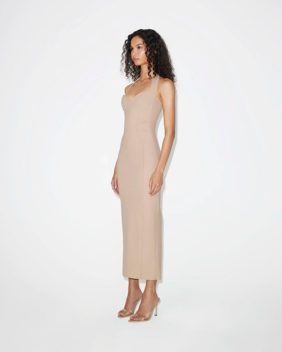 Beige Halter Neck Fitted Dress