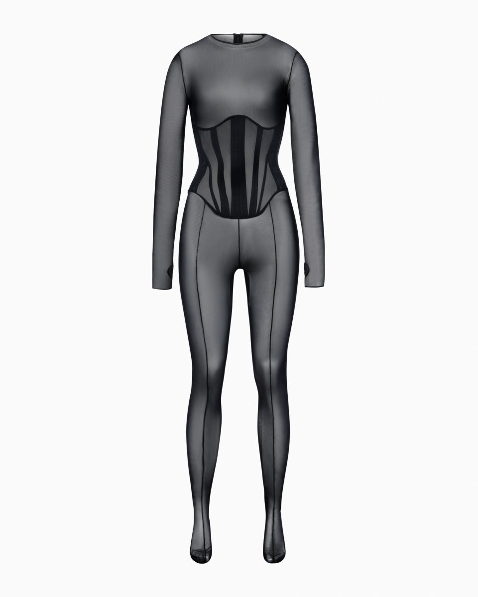 Black Mesh Corset Catsuit for Bold Style