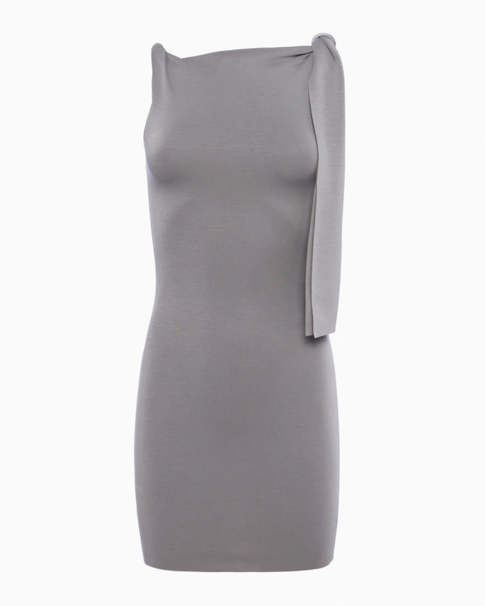 Steel Grey Knotted Mini Dress – Stretchy Suede Fabric