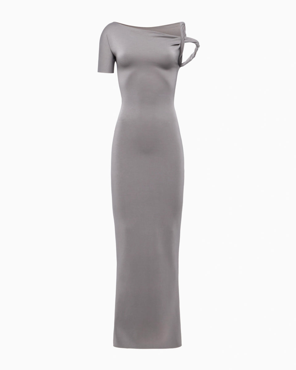 Steel Grey Stretchy Suede Twist Maxi Dress