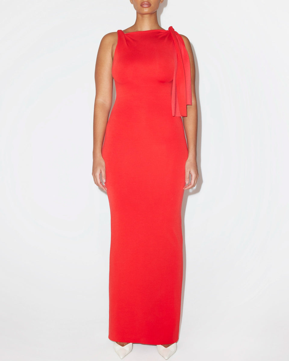 Tomato Red Knotted Maxi Dress – Stretchy & Comfortable