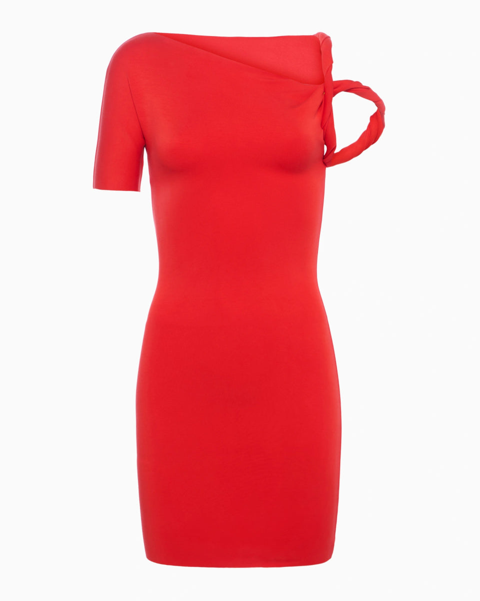 Tomato Red Sueded Stretch Mini Twist Dress