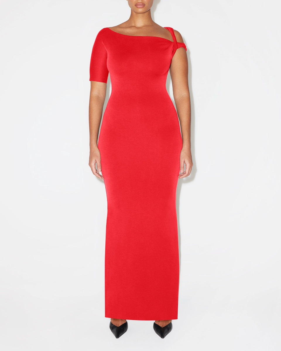 Tomato Red Sueded Stretch Twist Maxi Dress