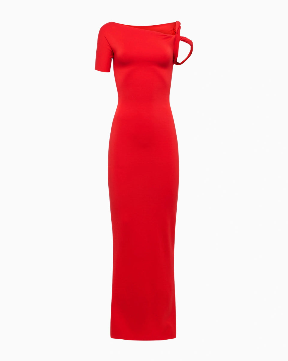 Tomato Red Sueded Stretch Twist Maxi Dress