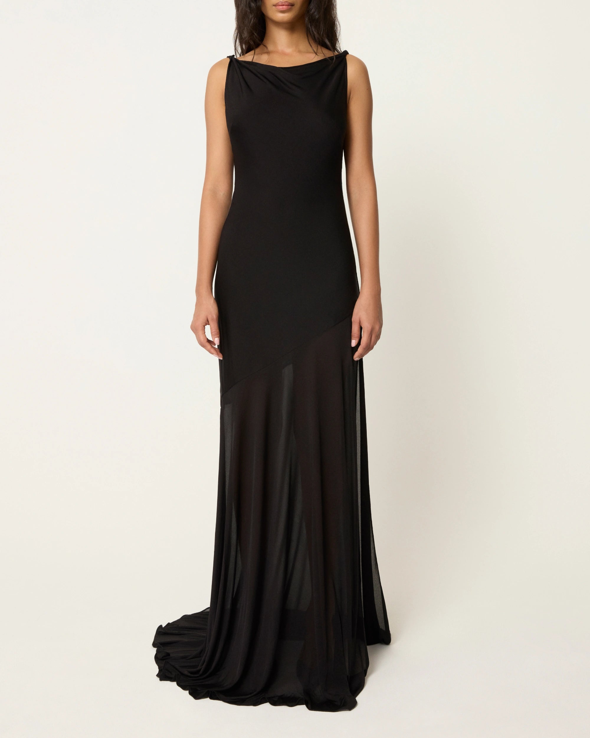 Black Sheer Long Draped Dress for Evening Wear