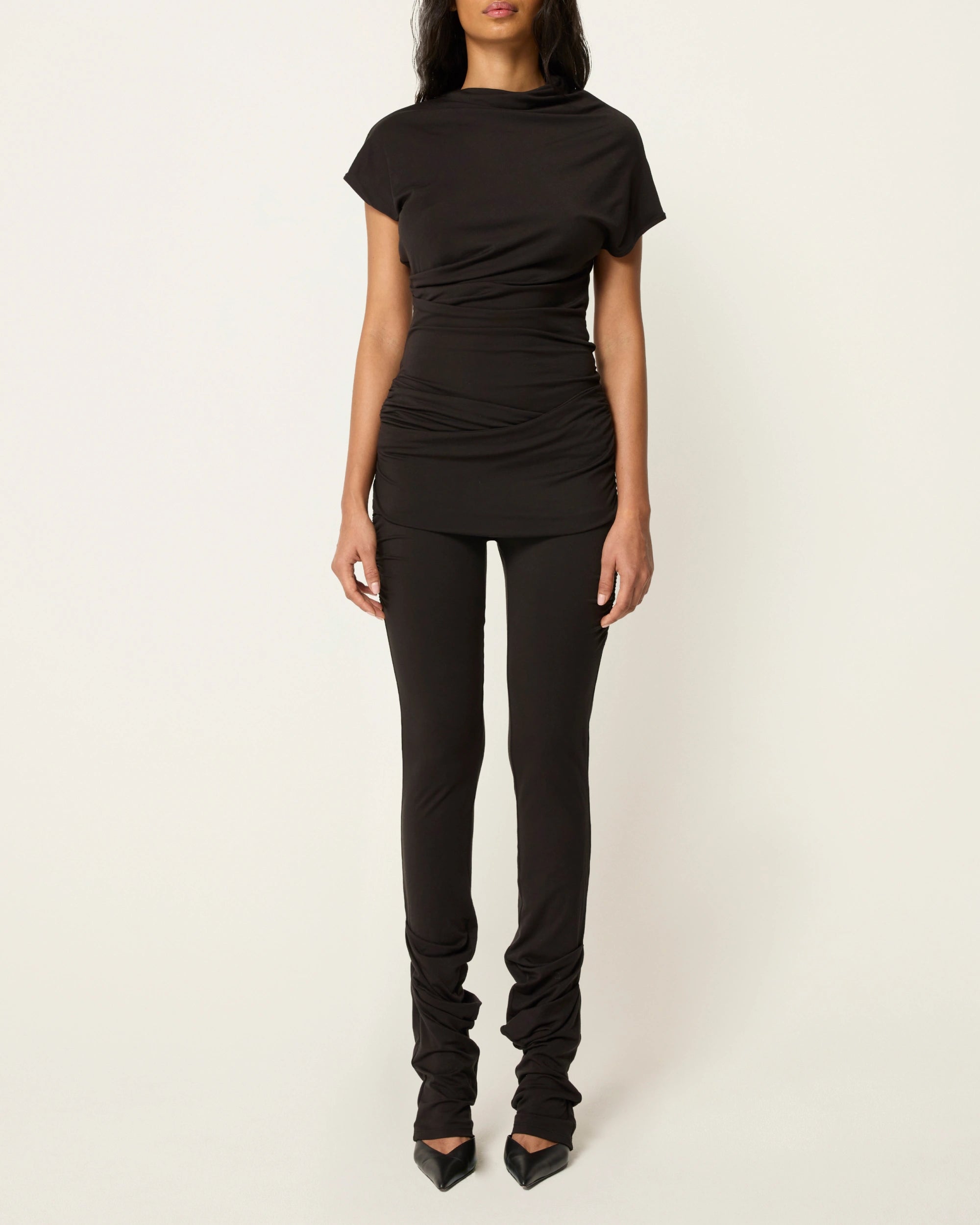 Black Asymmetrical Draped Catsuit