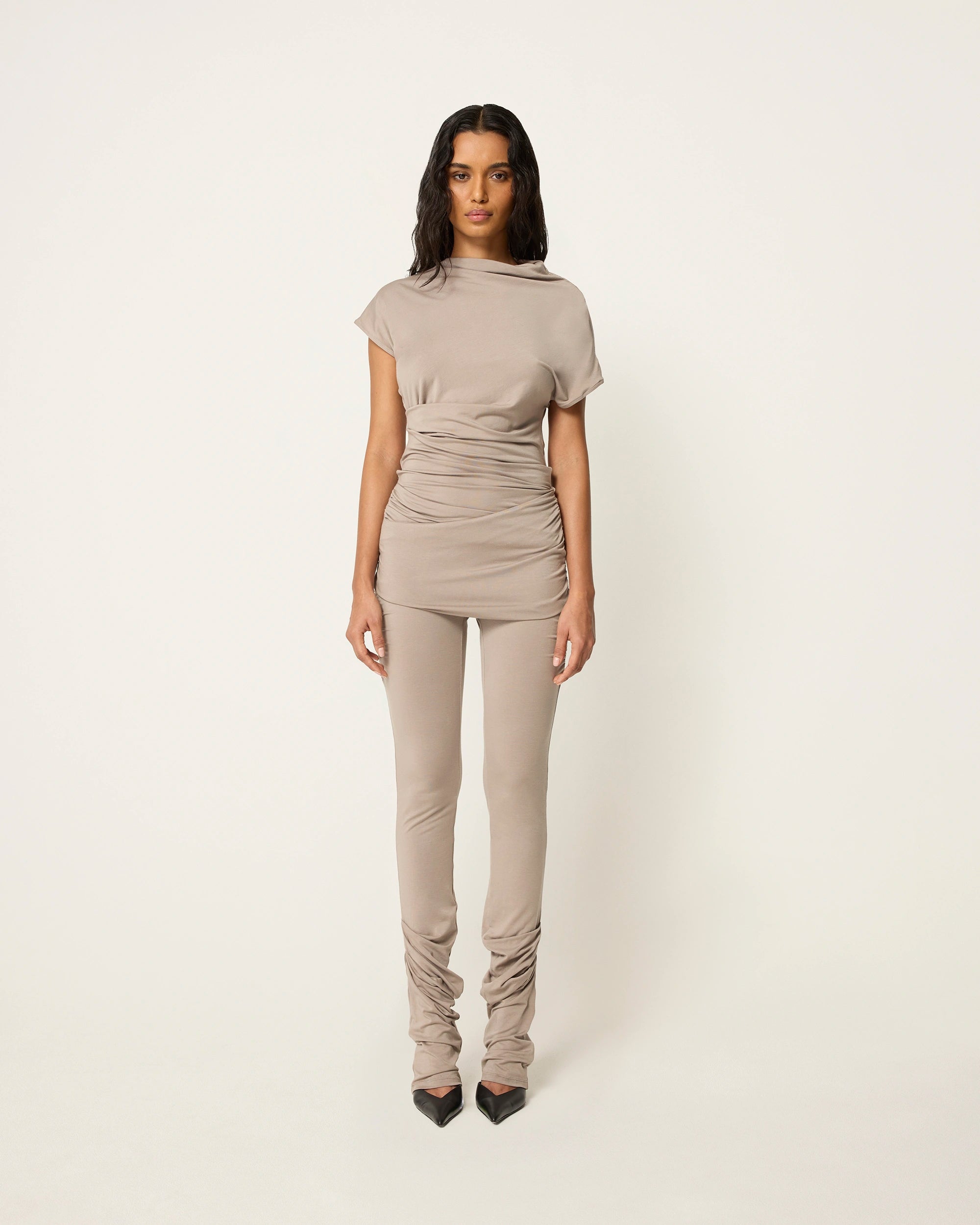 Asymmetrical Draped Catsuit in Ash