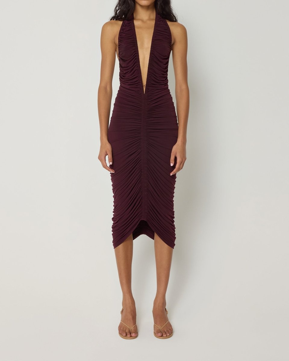Black Cherry Ruched Plunge Midi Dress