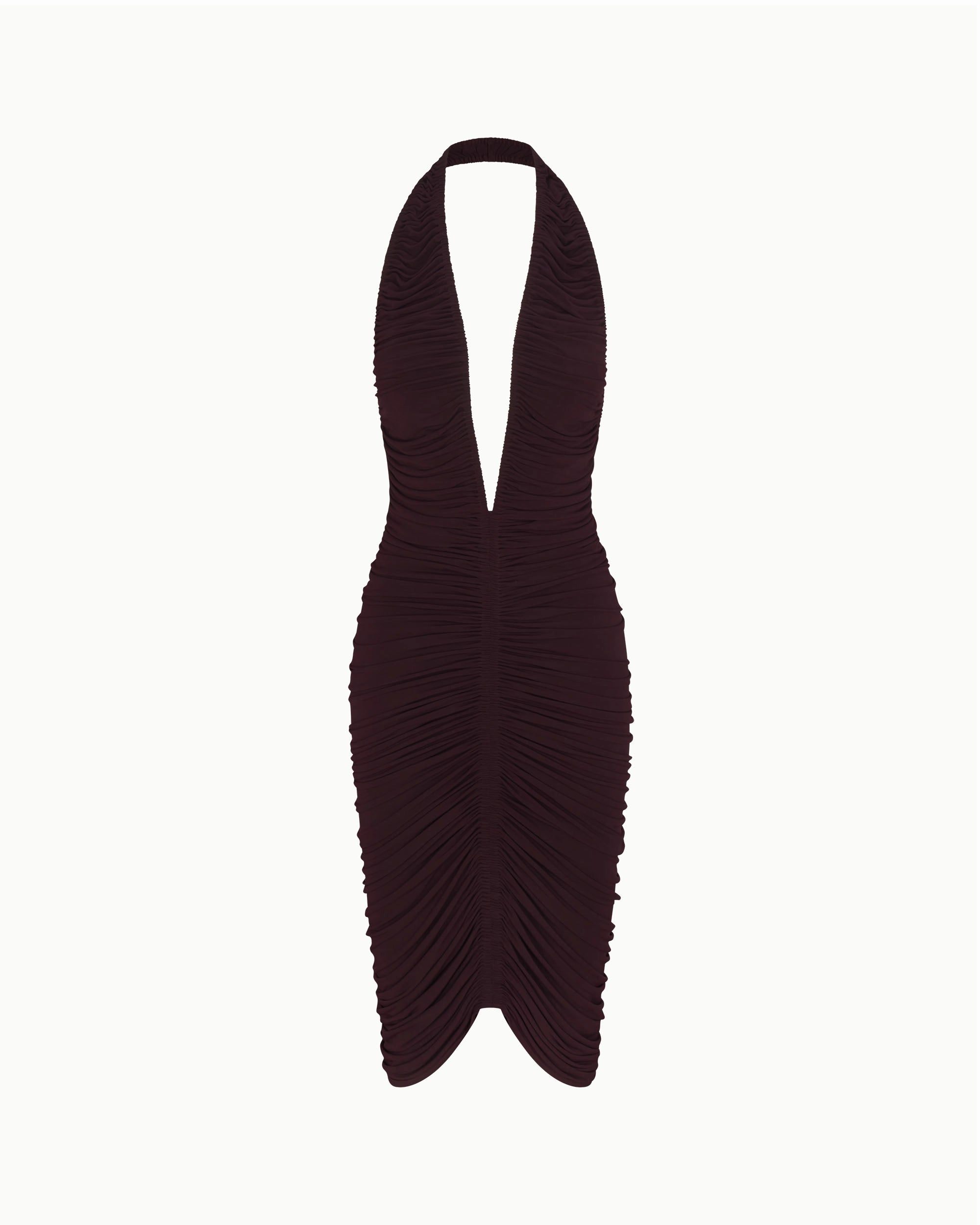Black Cherry Ruched Plunge Midi Dress