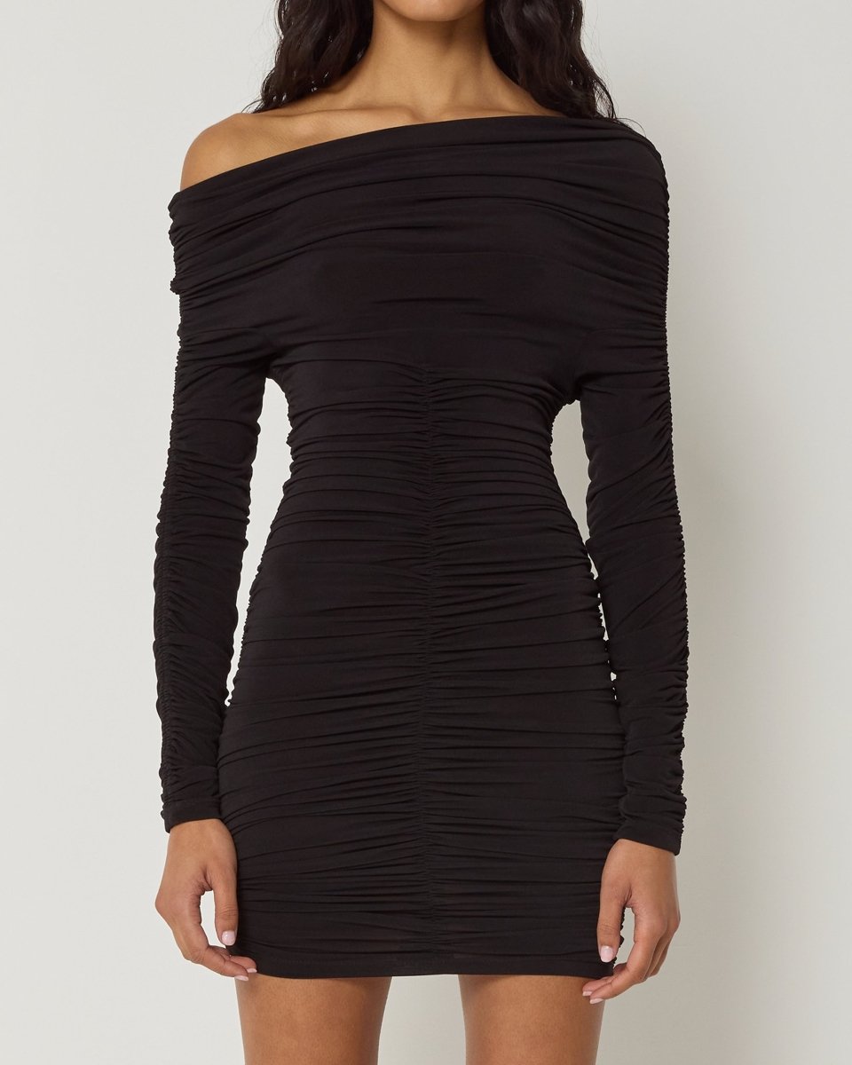 Black Ruched Long Sleeve Mini Dress