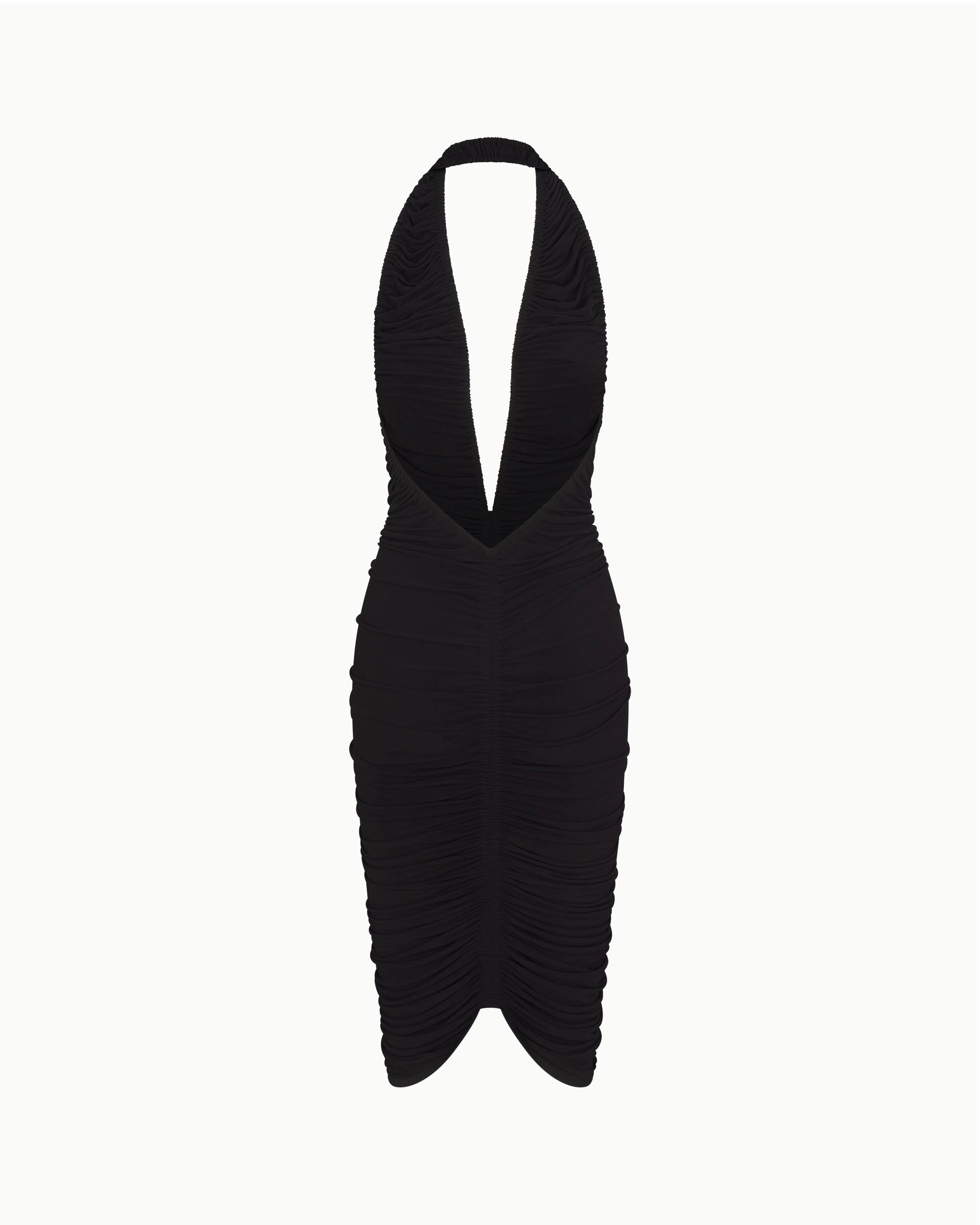 Black Ruched Plunging Midi Dress - Elegant & Flattering