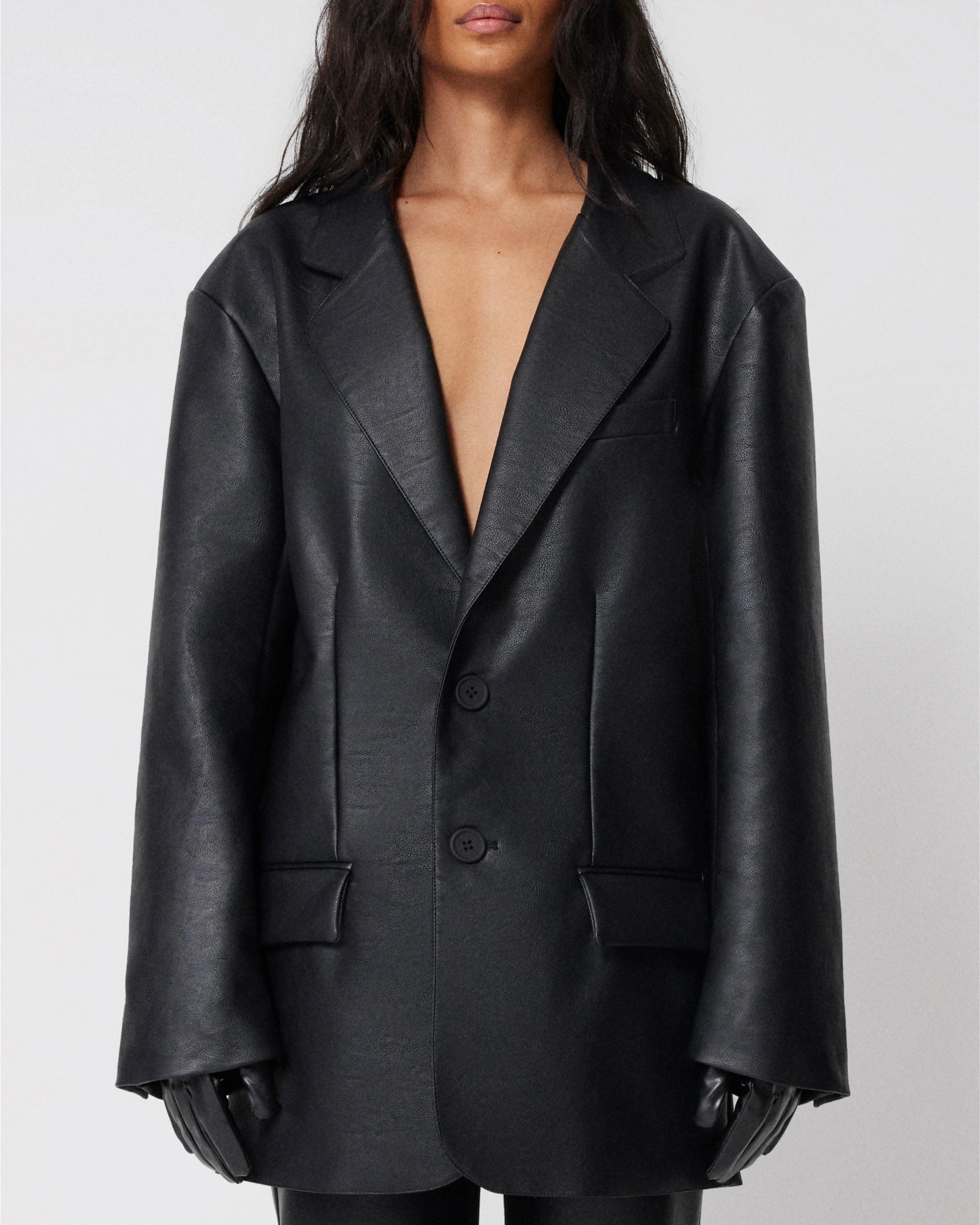 Black Faux Leather Oversized Blazer for Women