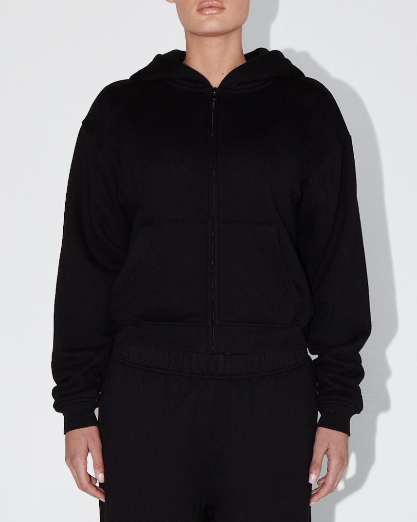 Black Fleece Zip Hoodie with Oversized Hood