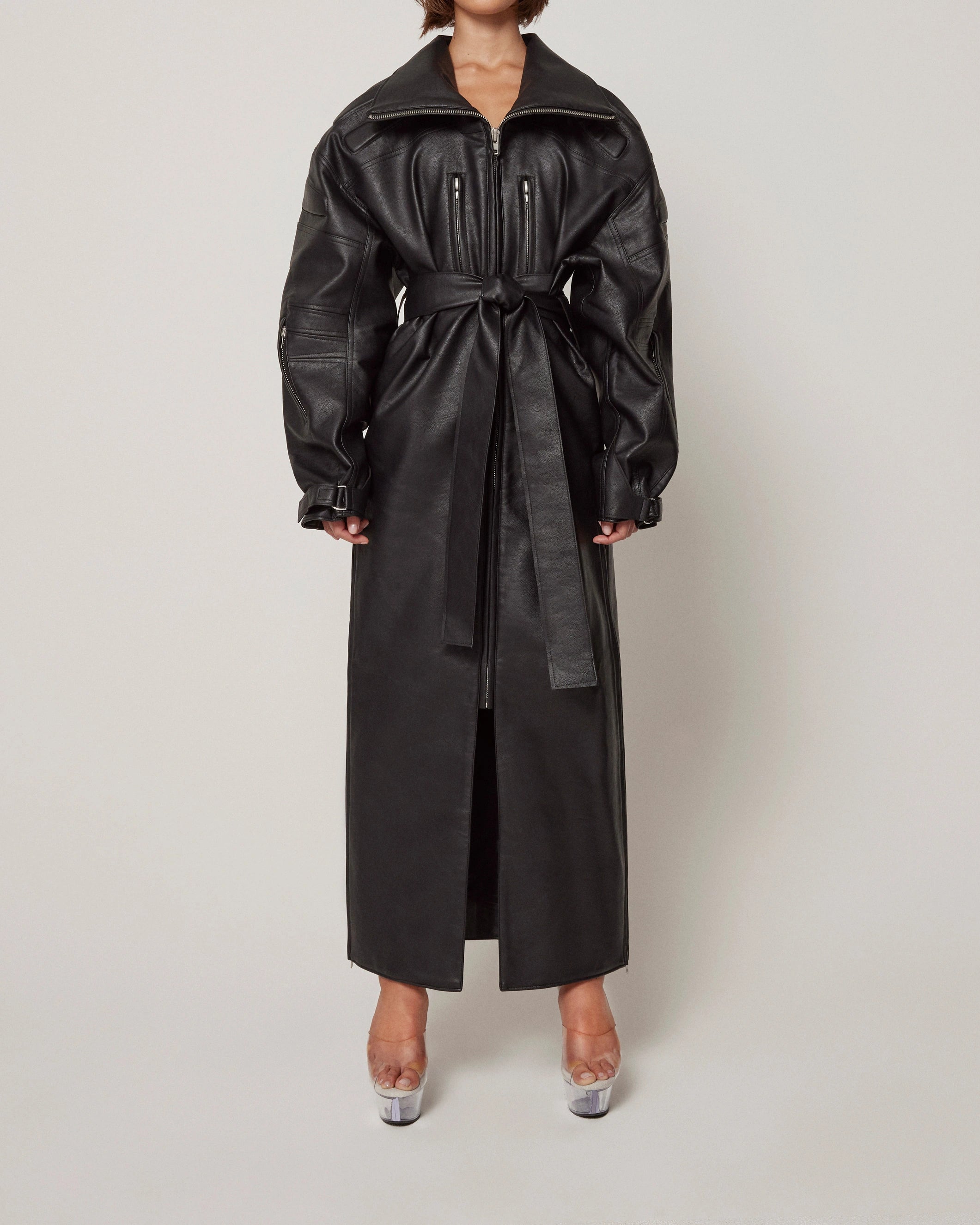 Black Faux Leather Trench Coat for Women
