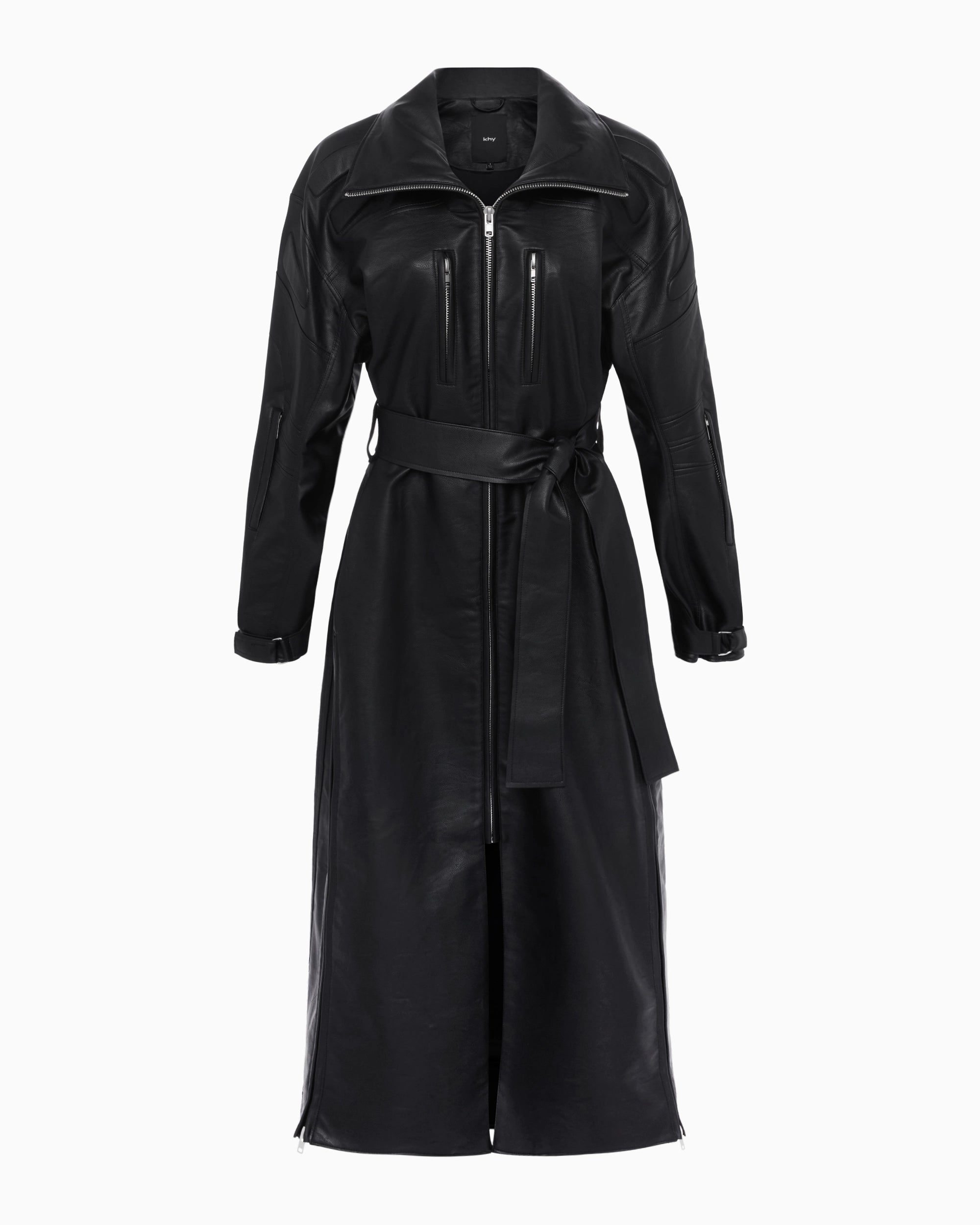 Black Faux Leather Trench Coat for Women