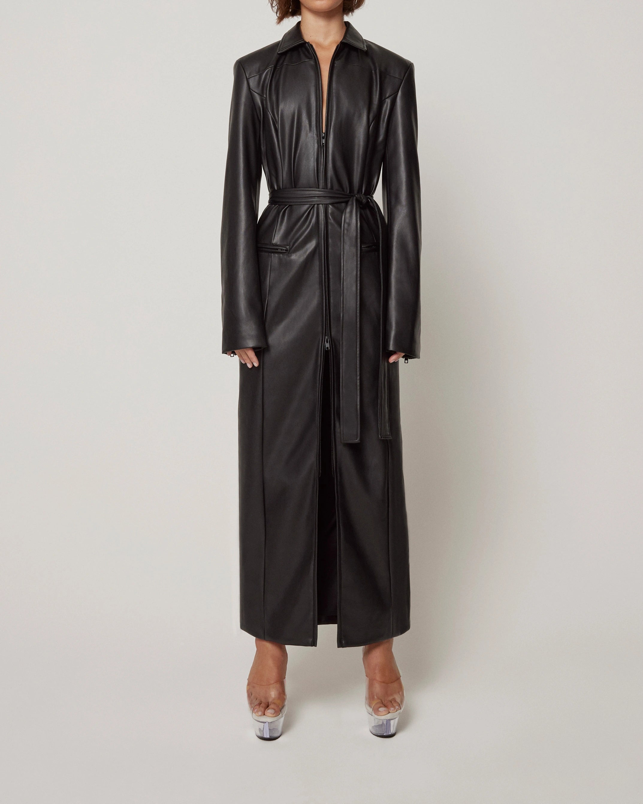 Black Faux Leather Collared Coat for Women