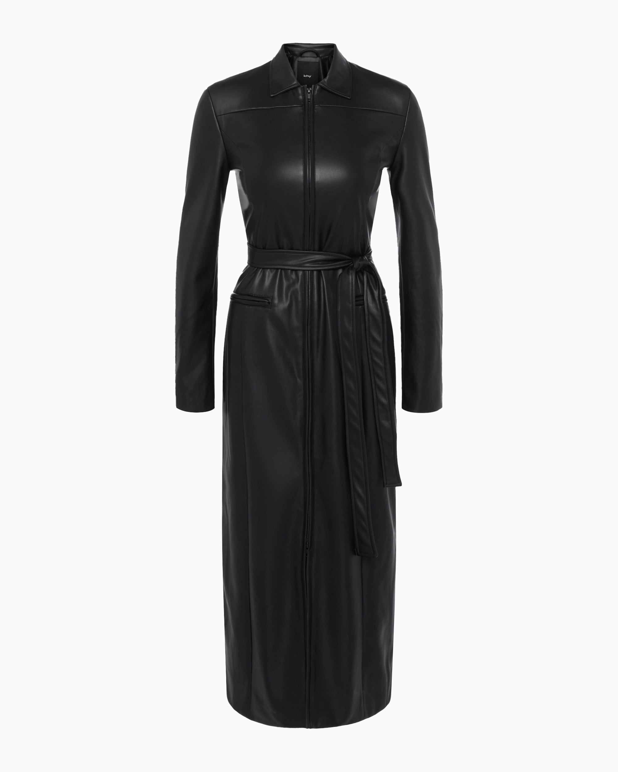 Black Faux Leather Collared Coat for Women