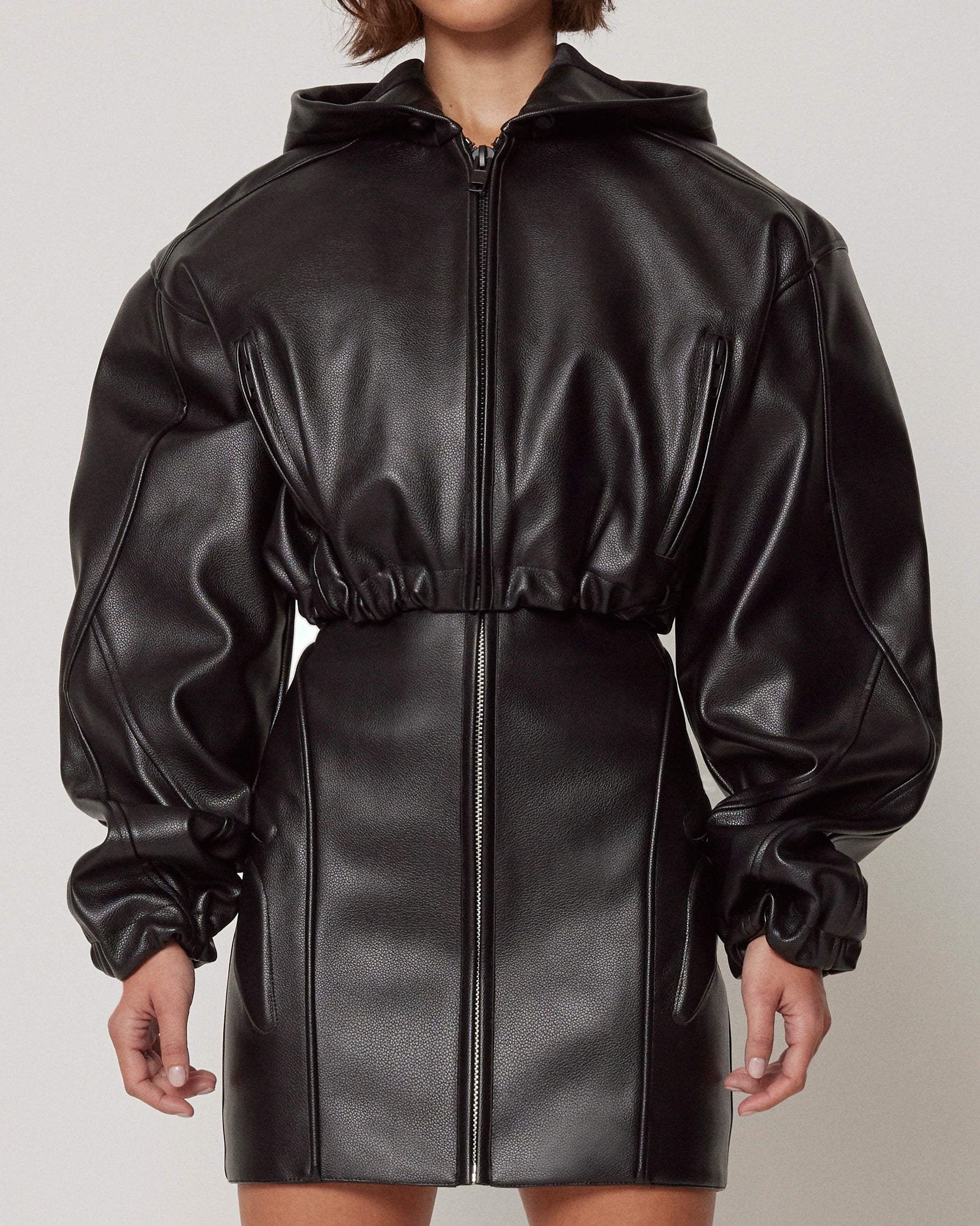 Black Faux Leather Cropped Hoodie Jacket