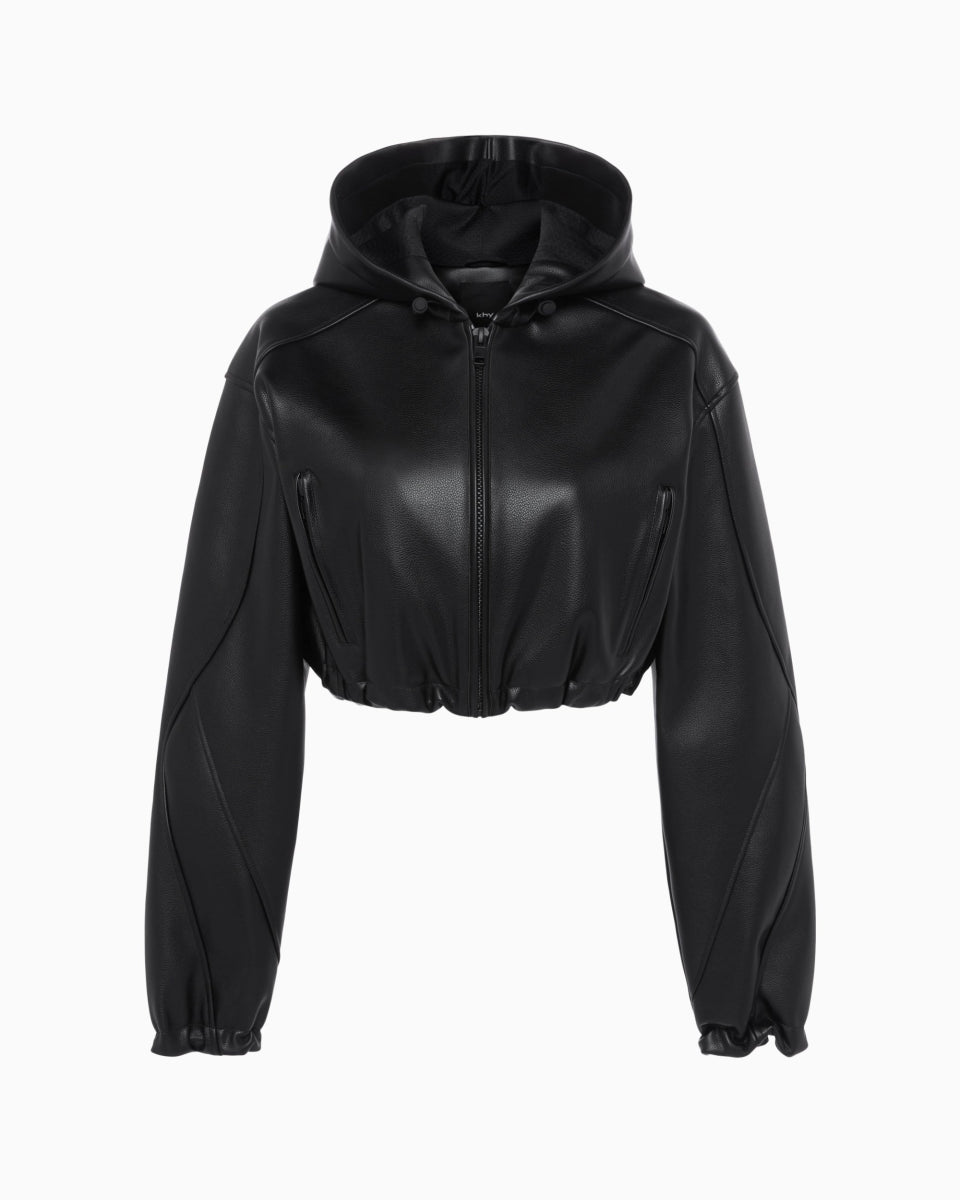 Black Faux Leather Cropped Hoodie Jacket
