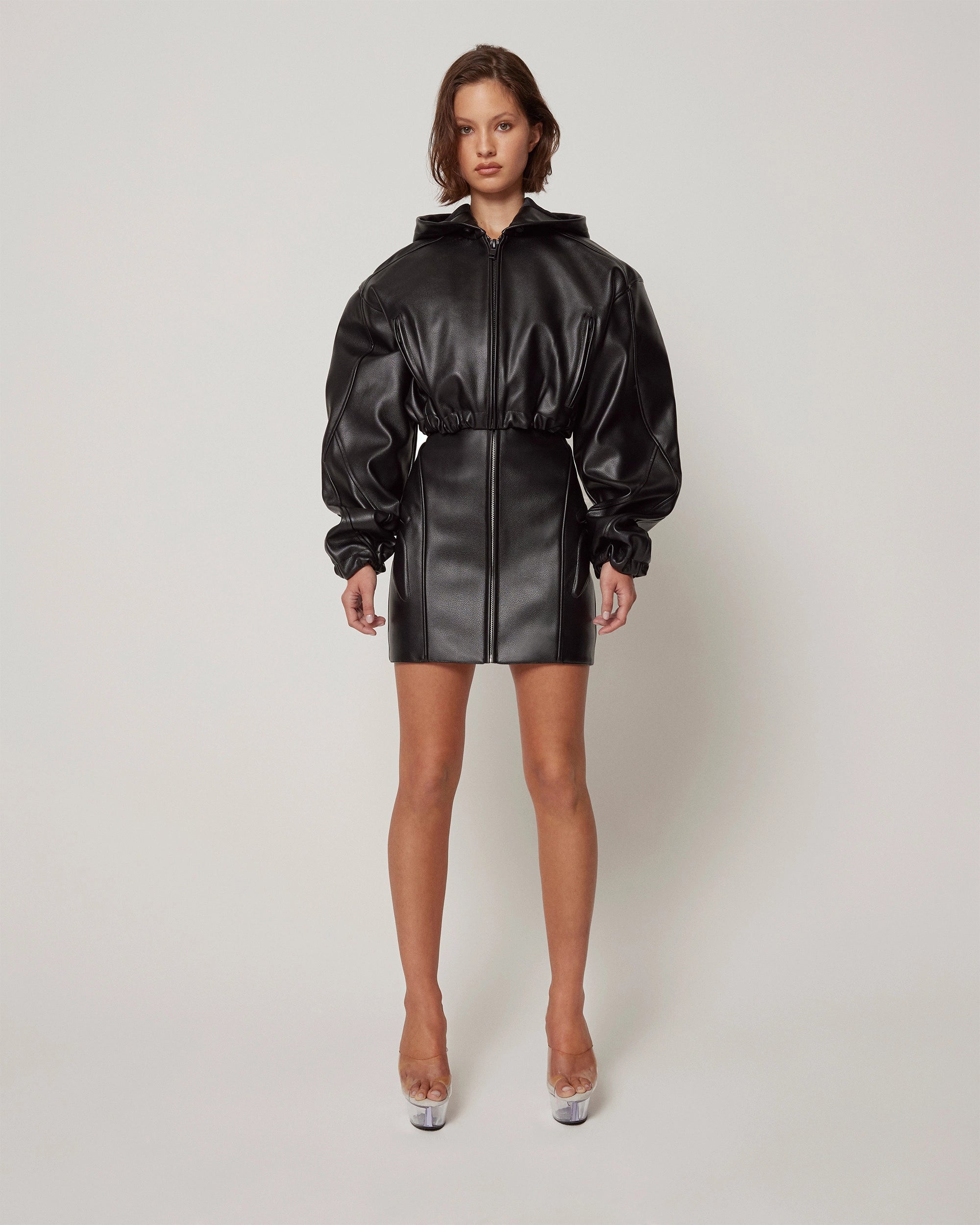 Black Faux Leather Cropped Hoodie Jacket