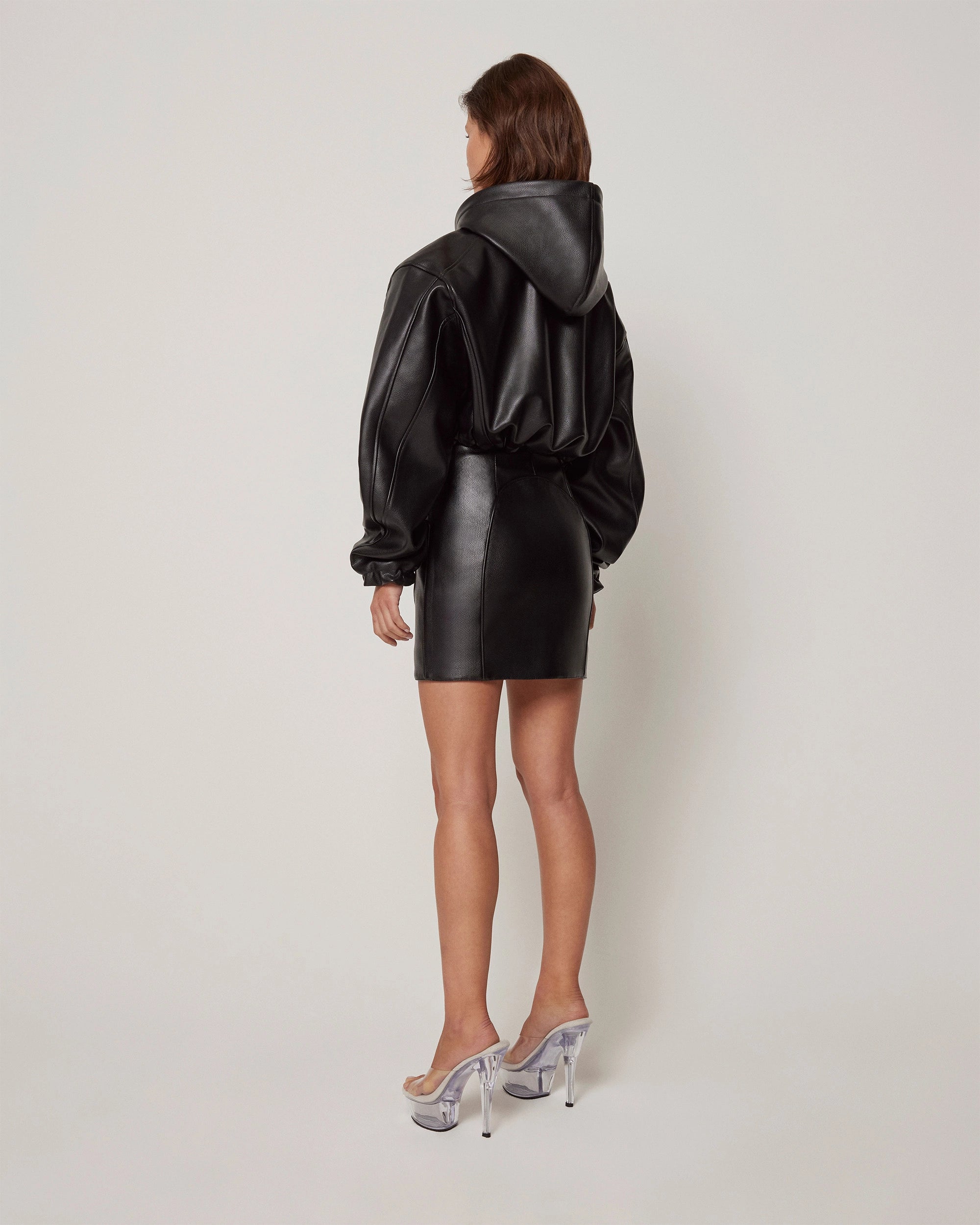 Black Faux Leather Cropped Hoodie Jacket