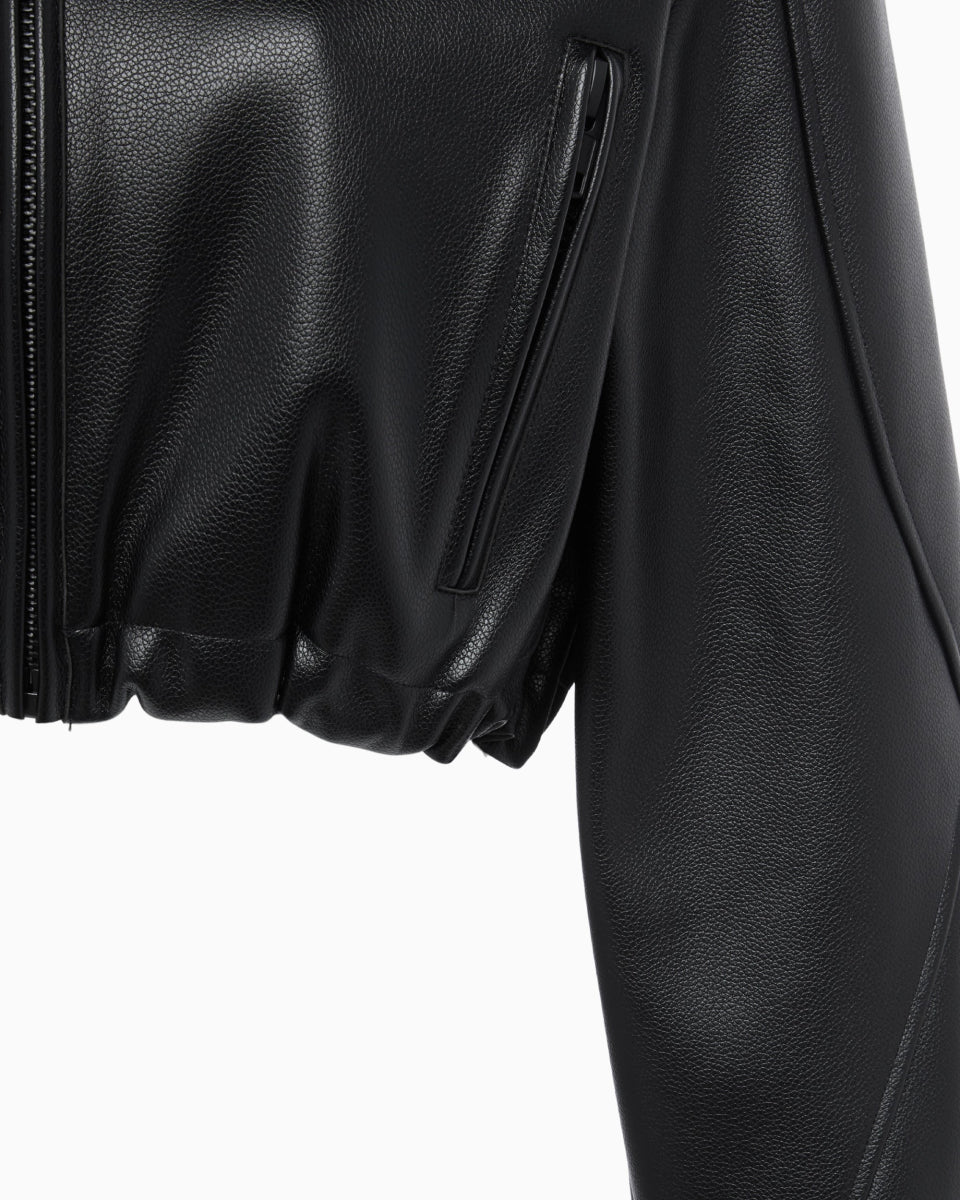 Black Faux Leather Cropped Hoodie Jacket