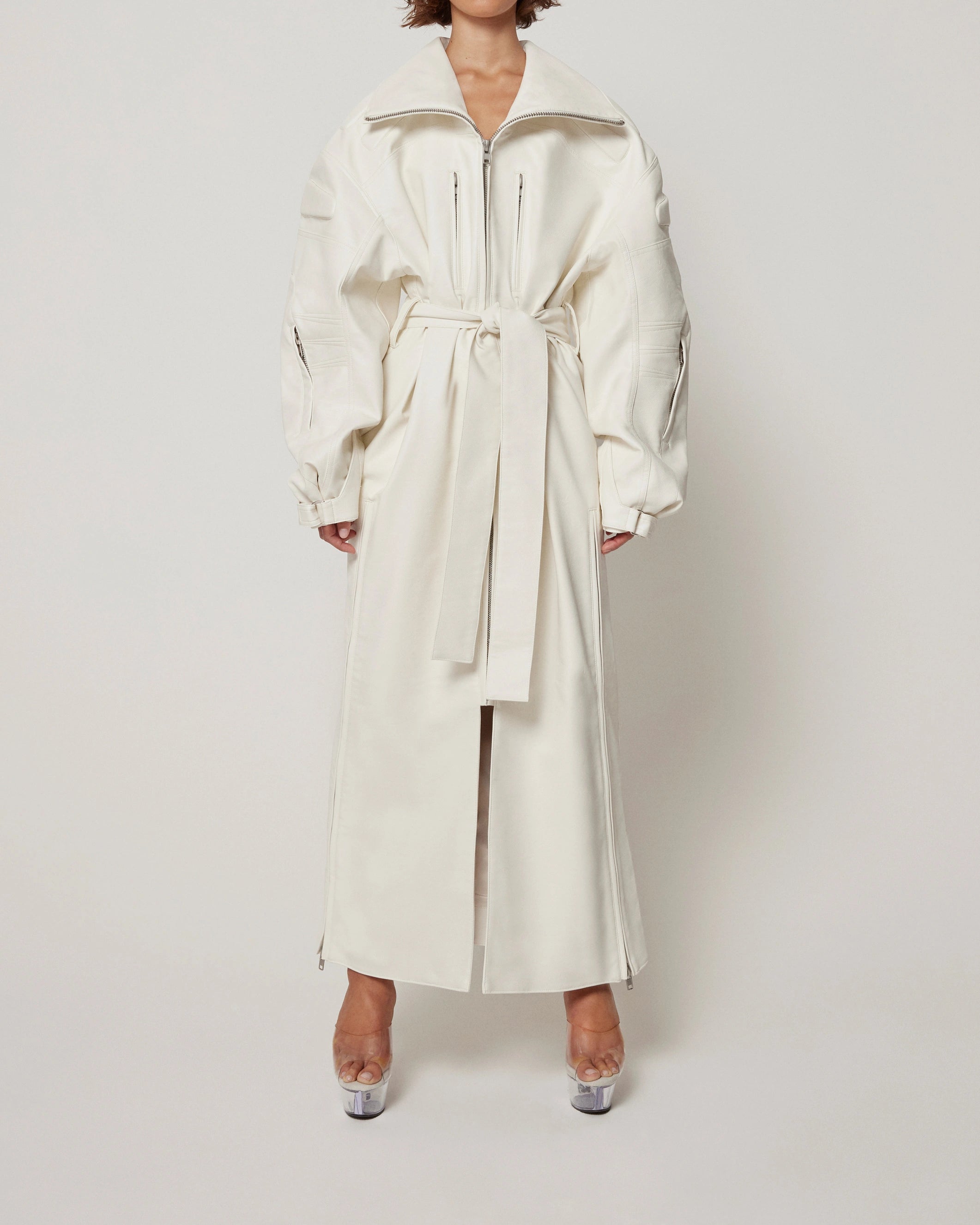 Chalk Faux Leather Trench Coat