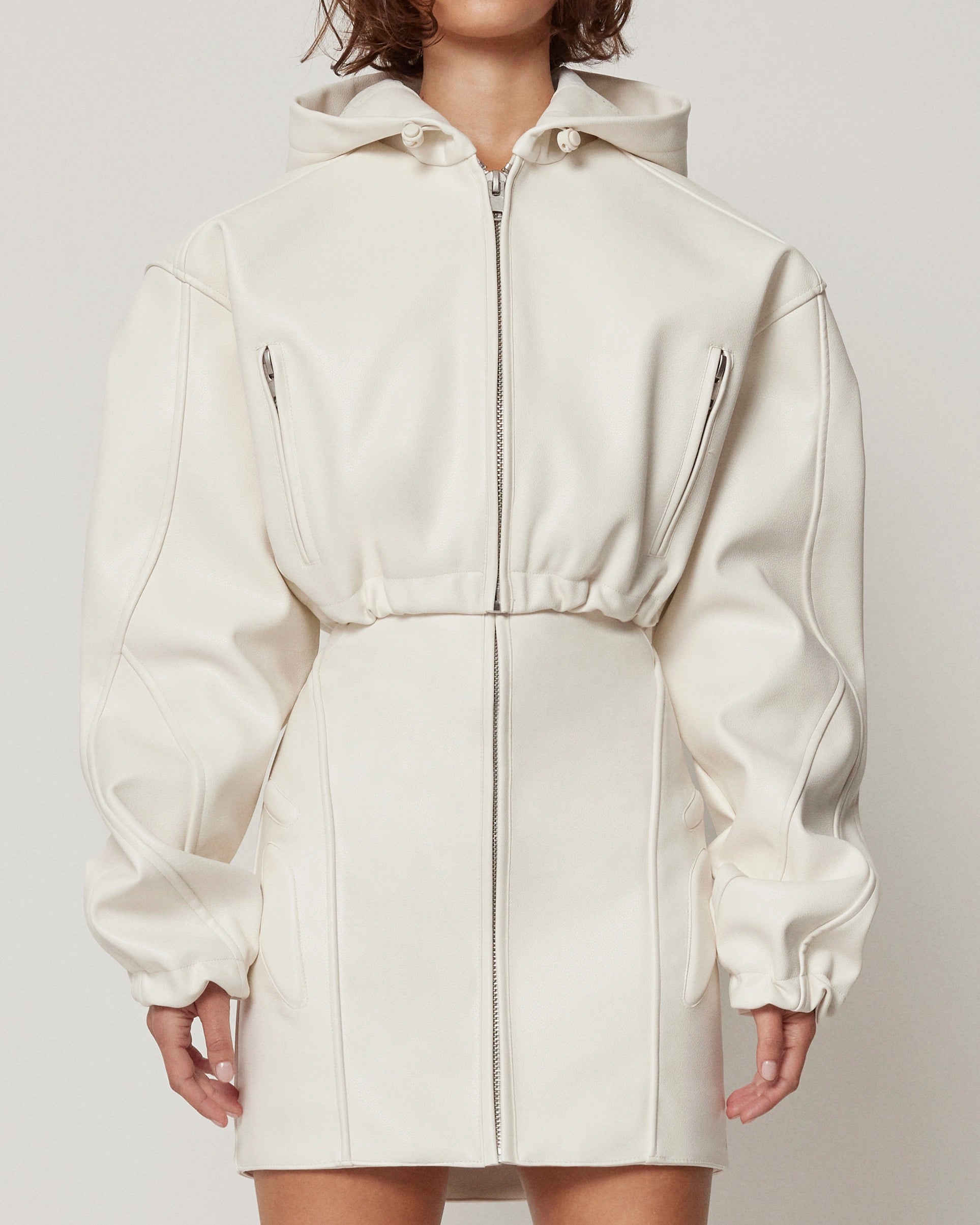 Chalk Cropped Faux Leather Hoodie
