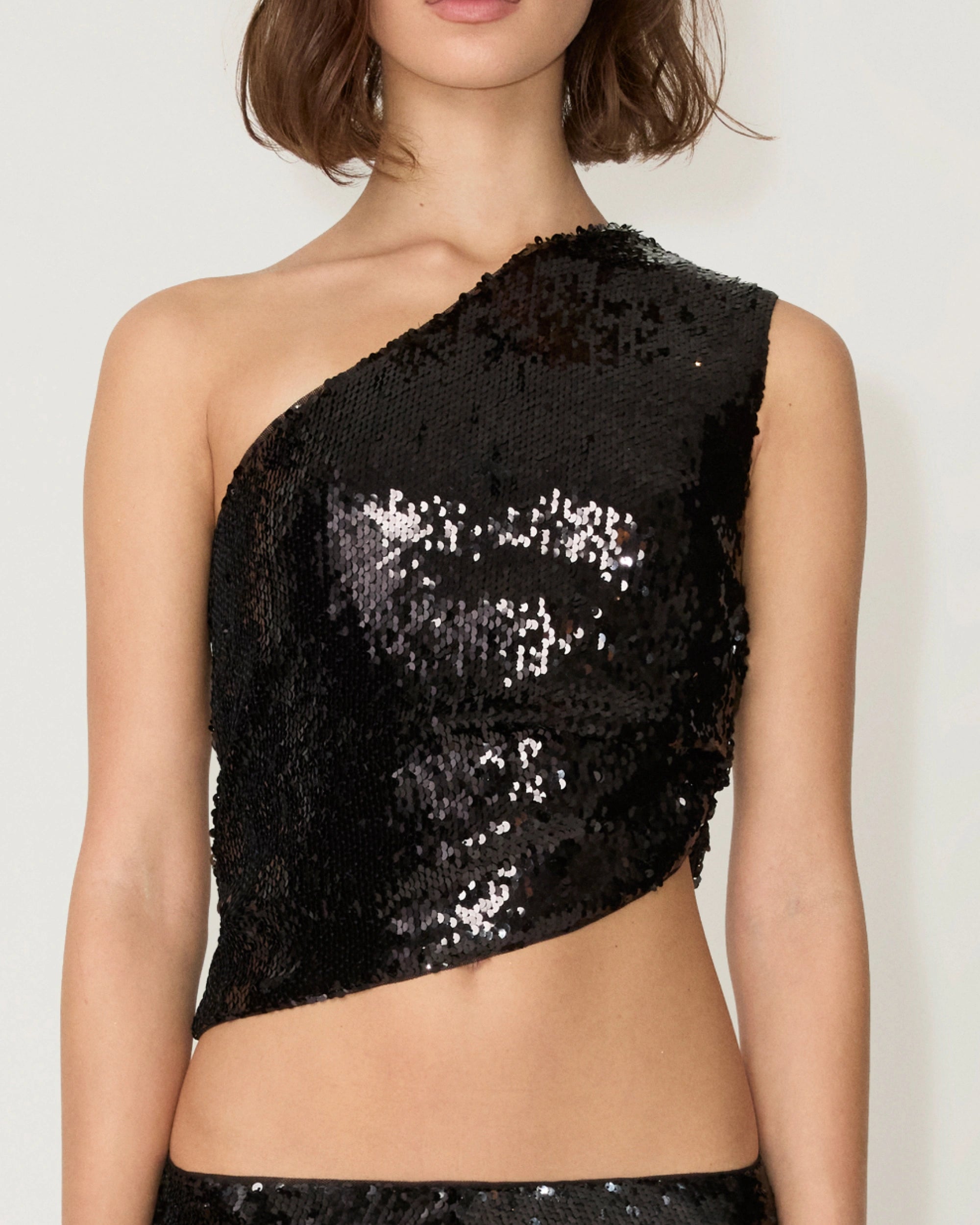 Black Sequin One-Shoulder Party Top