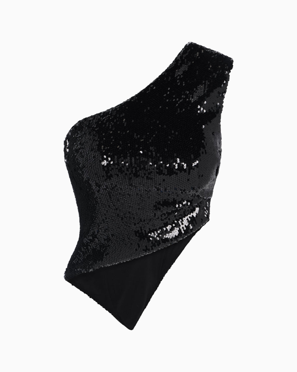 Black Sequin One-Shoulder Party Top