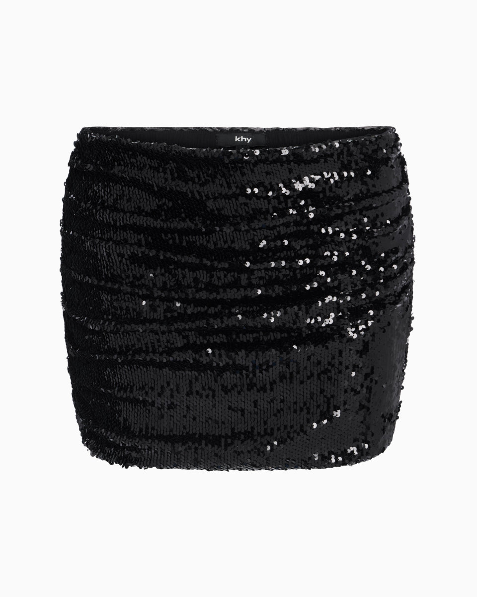 Black Sequin Ruched Mini Skirt for Party